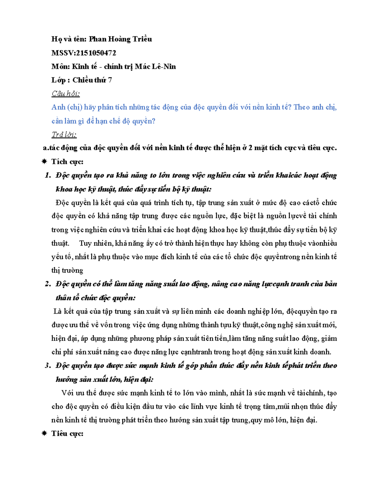 CHÆ¯Æ NG 1 - ádasf - Họ và tên: Phan Hoàng Triều MSSV: Môn: Kinh tế ...