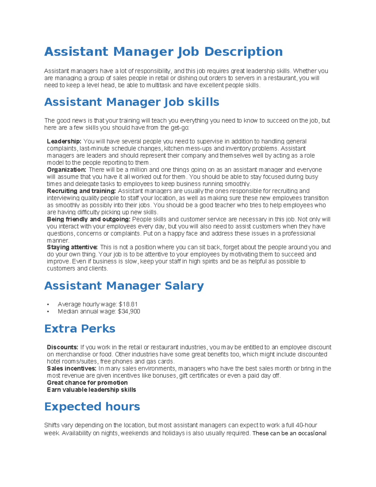 Assistant Manager Job Description Overview for Project 111 - Studocu