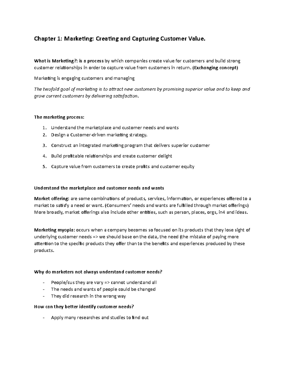 Chapter 1 POM - Chapter 1: Marketing: Creating and Capturing Customer ...