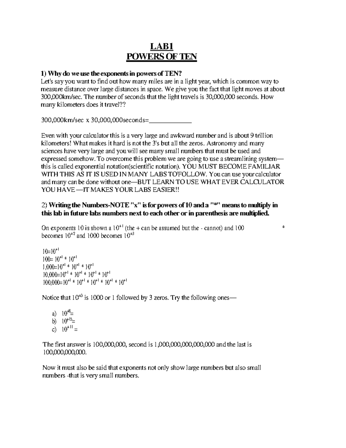 LAB1 Powers OF TENblank 1 - LAB POWERS OF TEN 1) Why do we use the ...