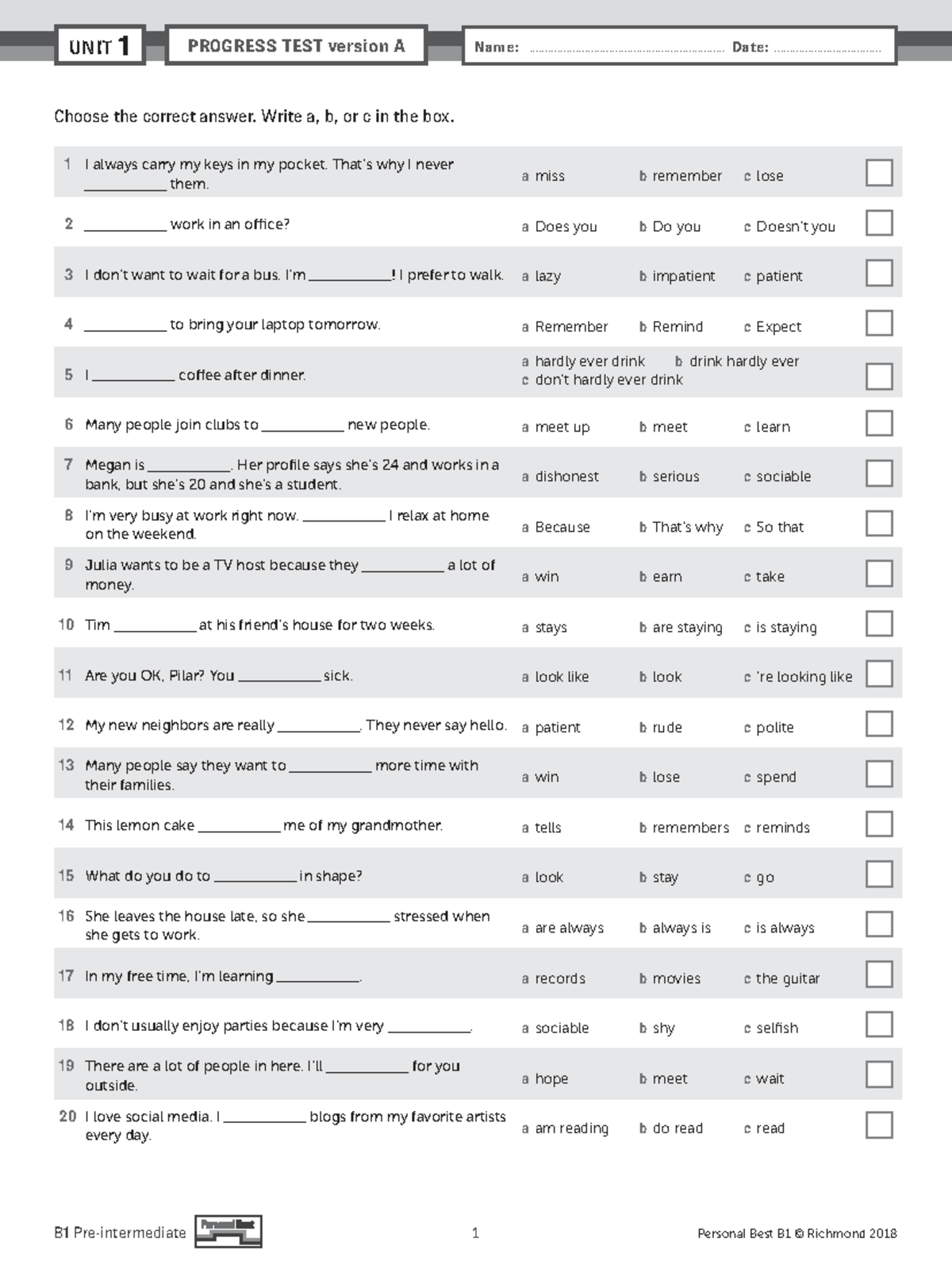 B1 2018 UNIT 1 PROGRESS TEST Version A Answers and Key - Studocu