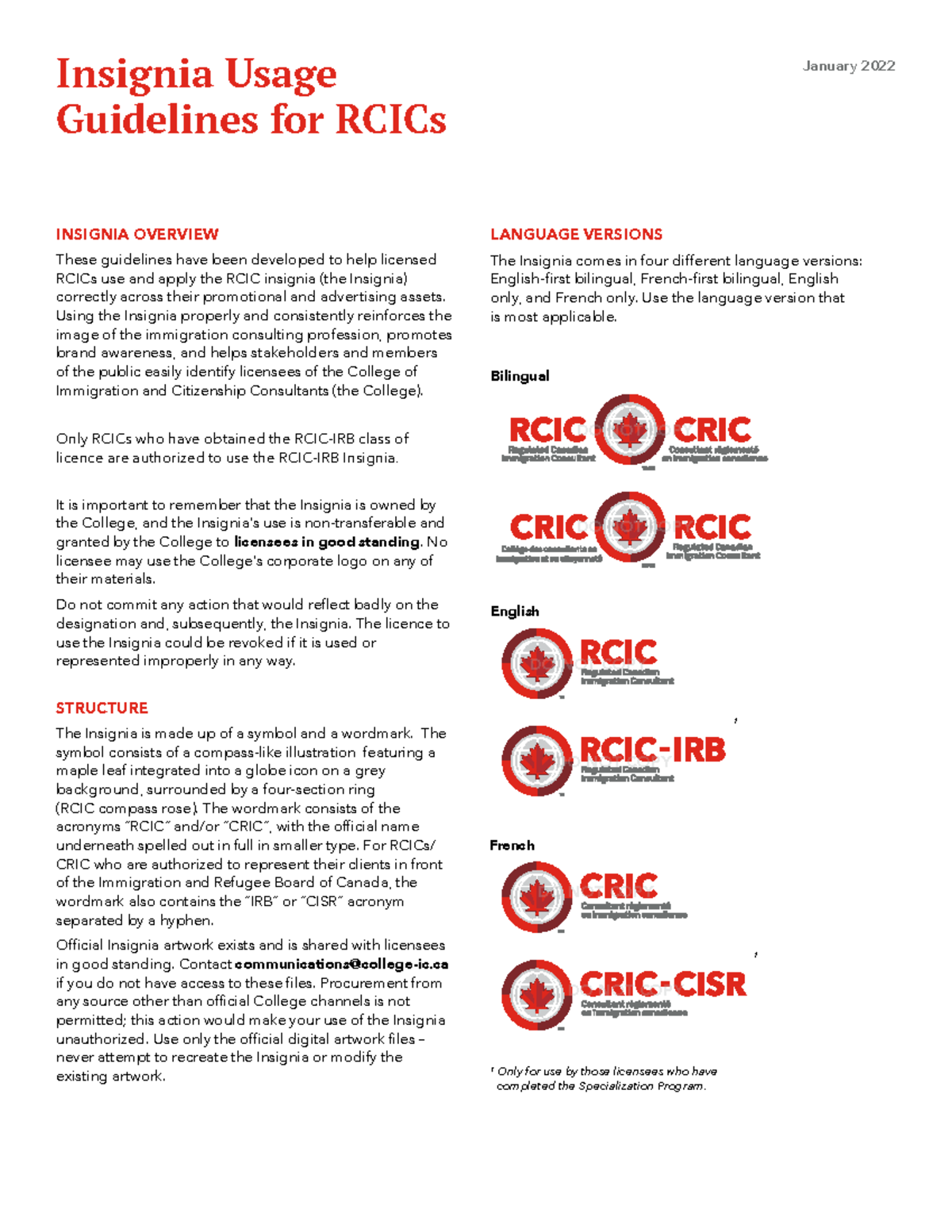Insignia Usage Guidelines for RCICs - January 2022 English French ...