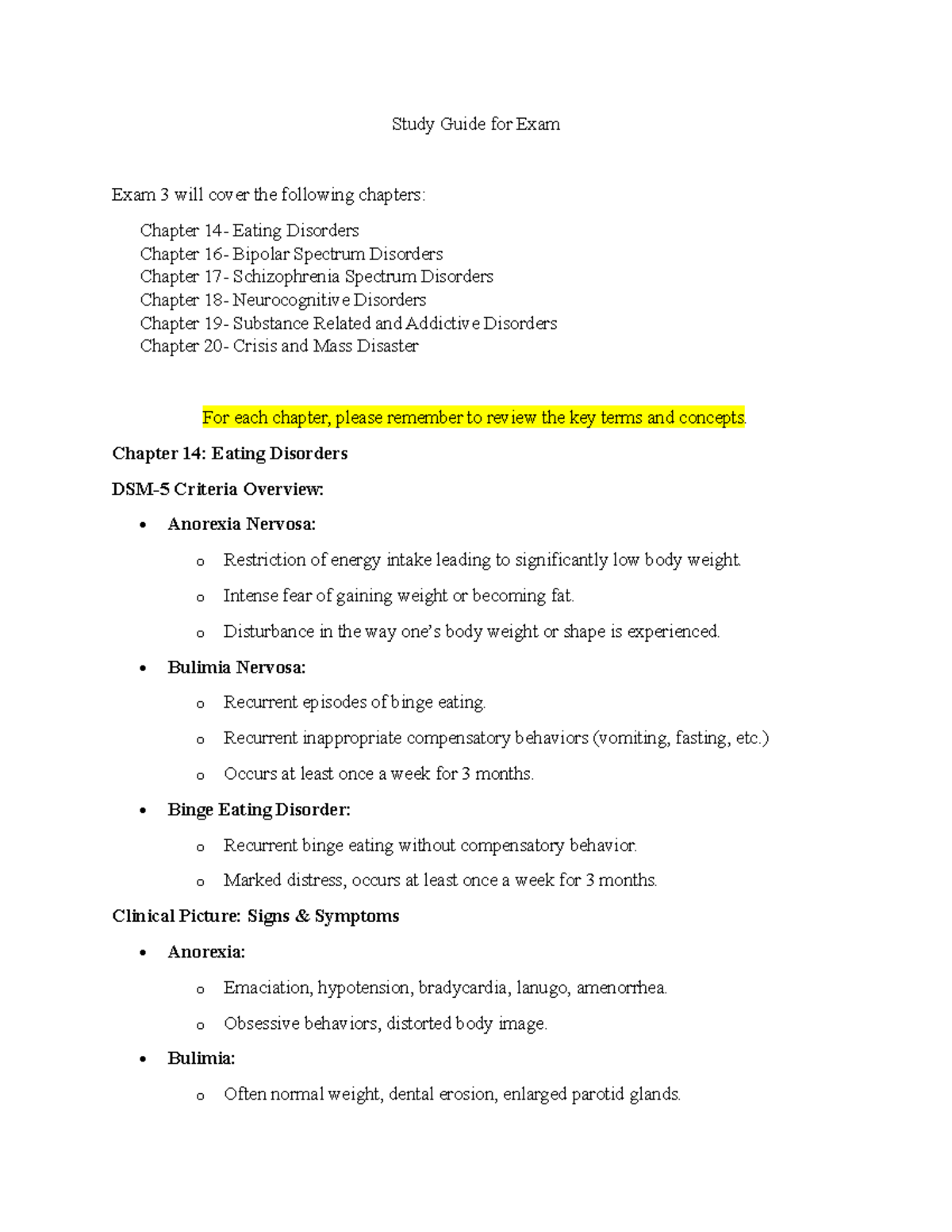 Study Guide for Nursing Exam 3: Mental Health Disorders - Studocu