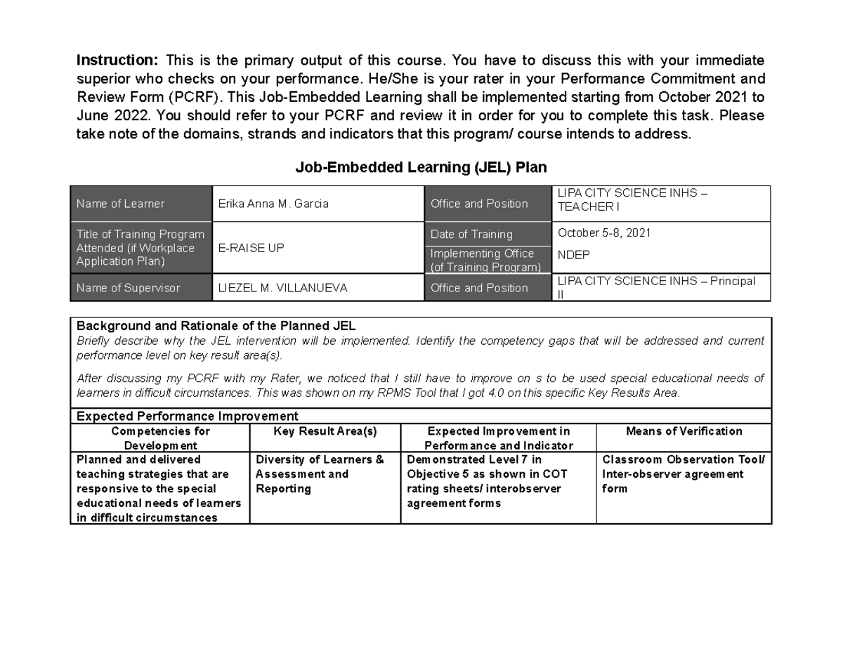 Garcia JEL - Job Embedded Learning - Instruction: This is the primary ...