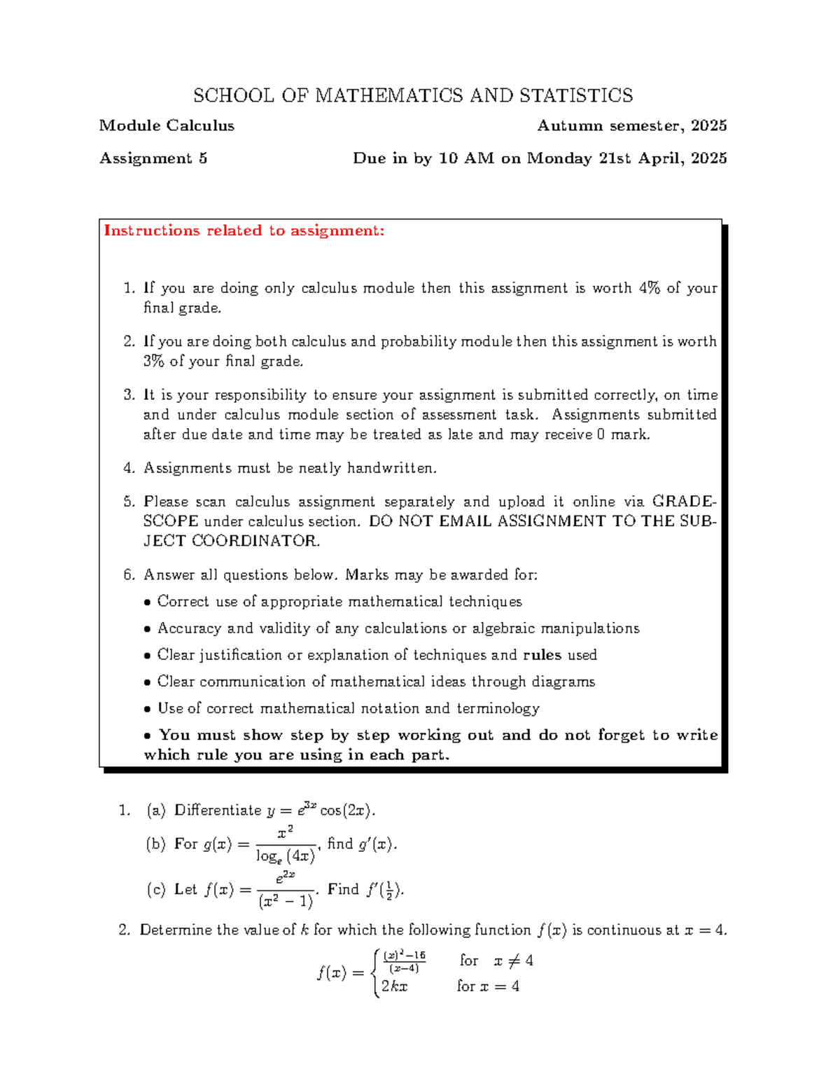 Calculus assignment 5 sem1 2025 - SCHOOL OF MATHEMATICS AND STATISTICS ...