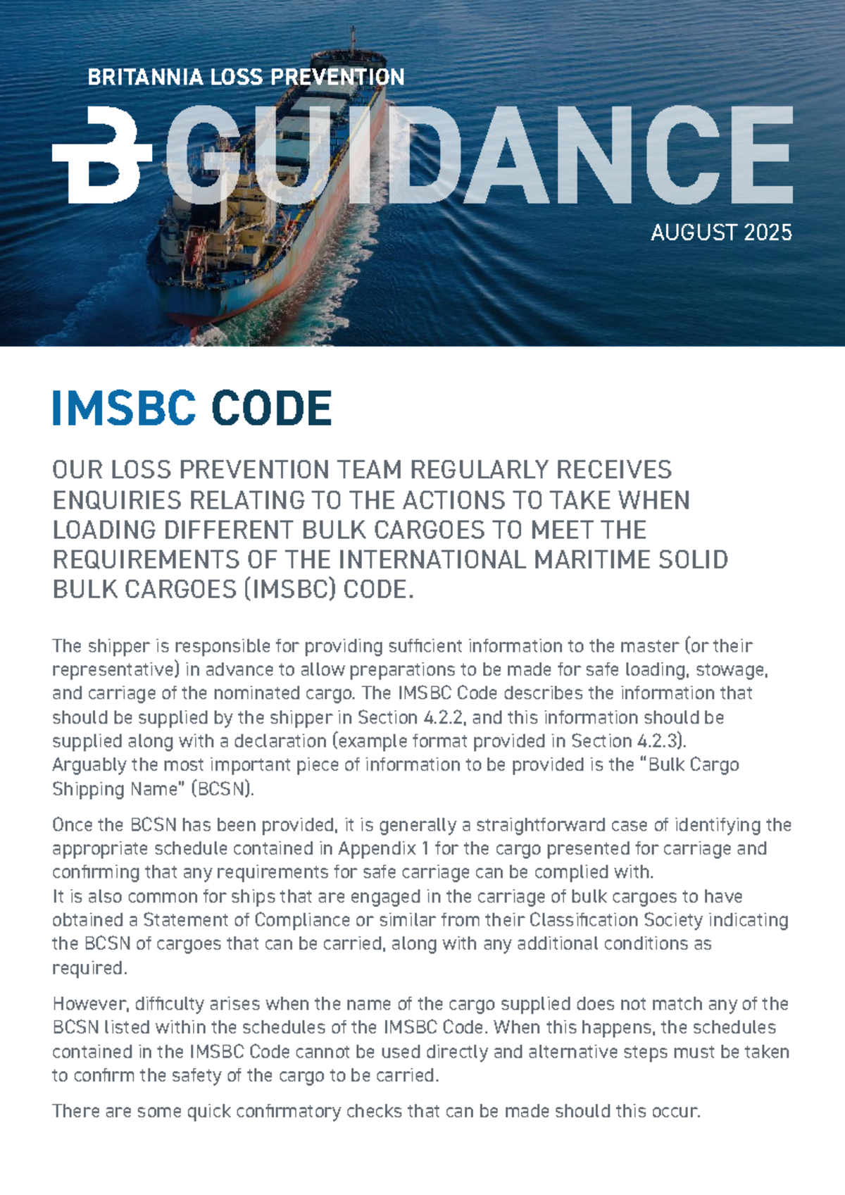 BRITANNIA LOSS PREVENTION: IMSBC CODE GUIDANCE AUG 2025 - Studocu