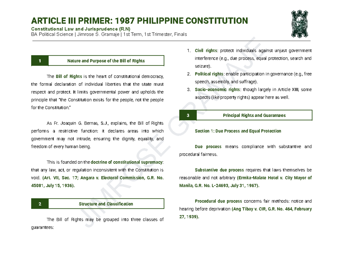 Article III Primer: 1987 Philippine Constitution Bill of Rights (R.N ...