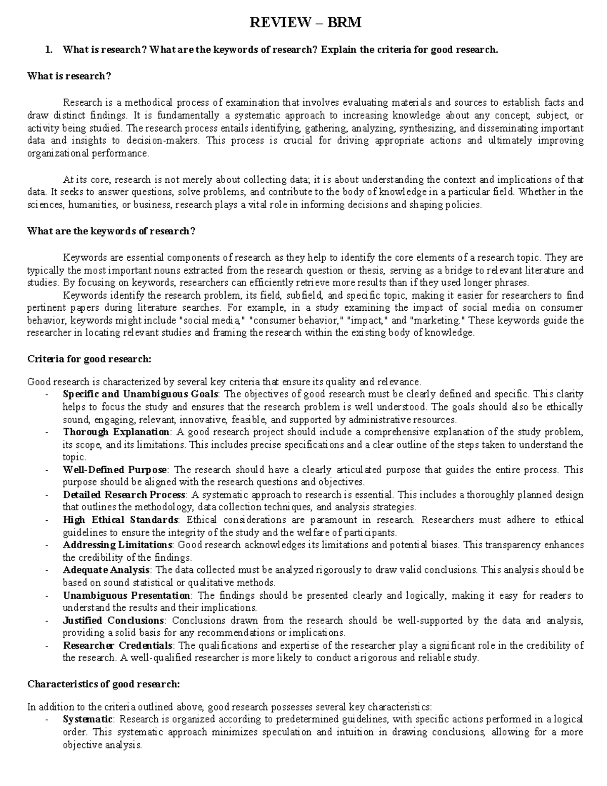 Review Questions for BRM: Understanding Research Fundamentals and ...