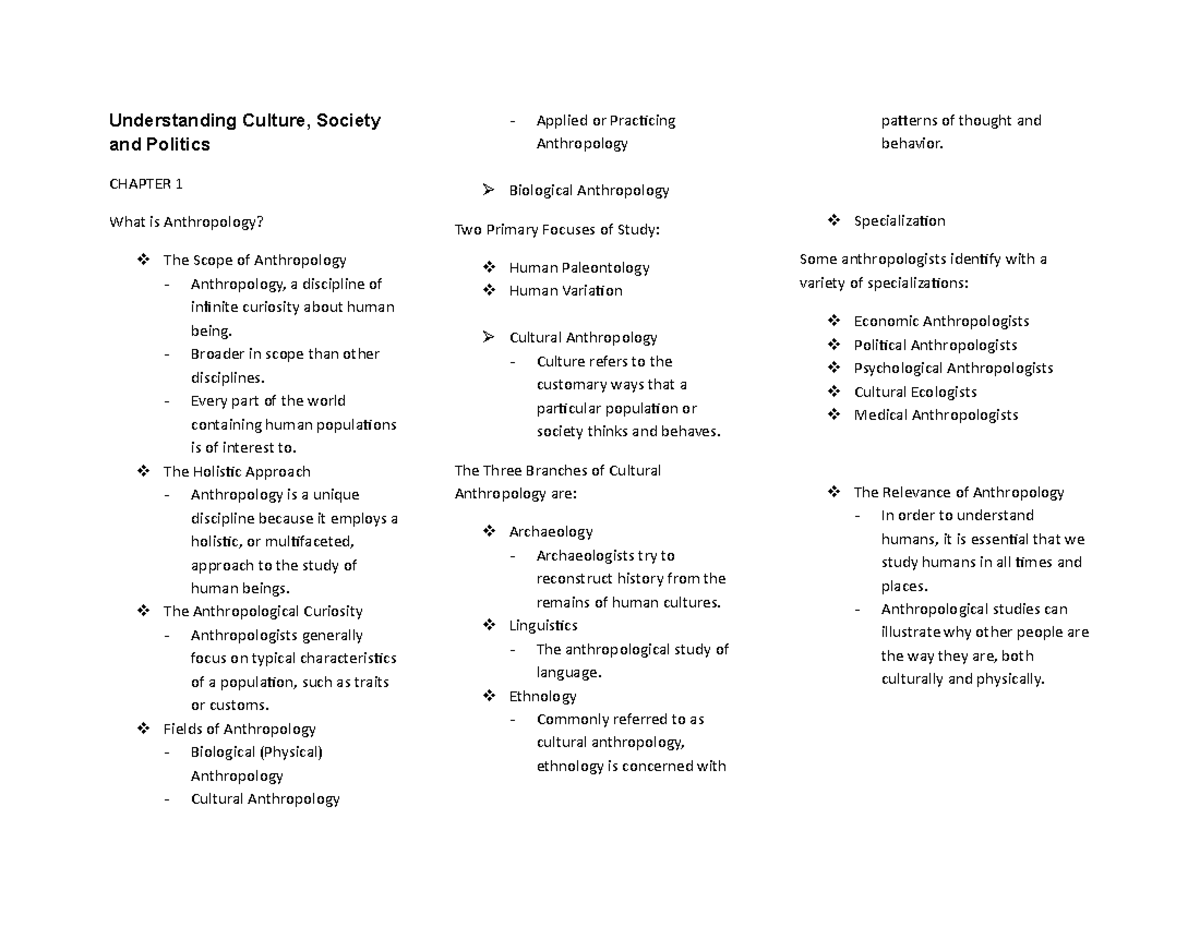 UCSP 1 - Lecture notes 1 - Understanding culture, society and politics ...