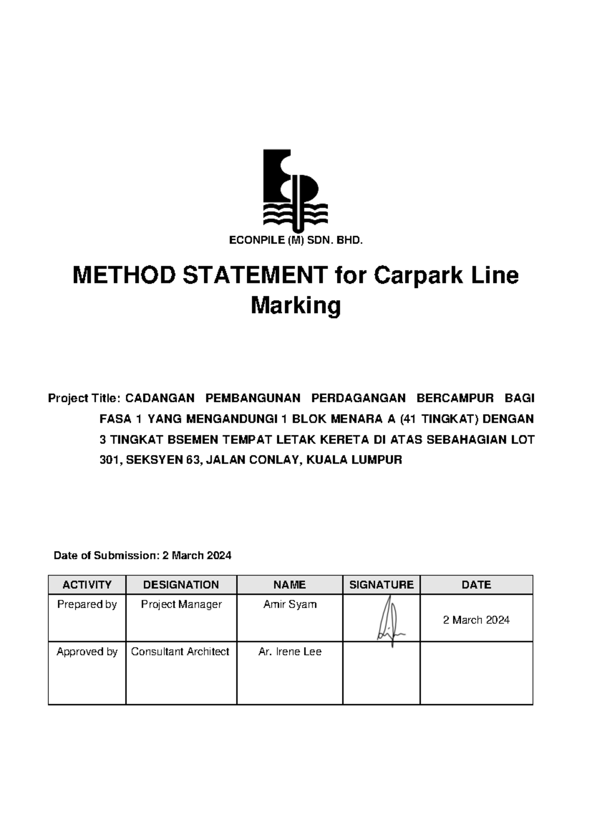 Method Statement for Carpark Line Marking - ECONPILE Project - Studocu