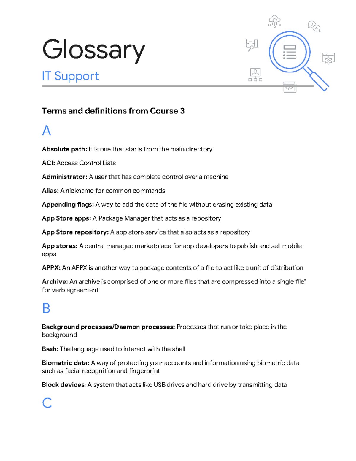 Course 3 - IT Support Terms Glossary and Definitions - Studocu