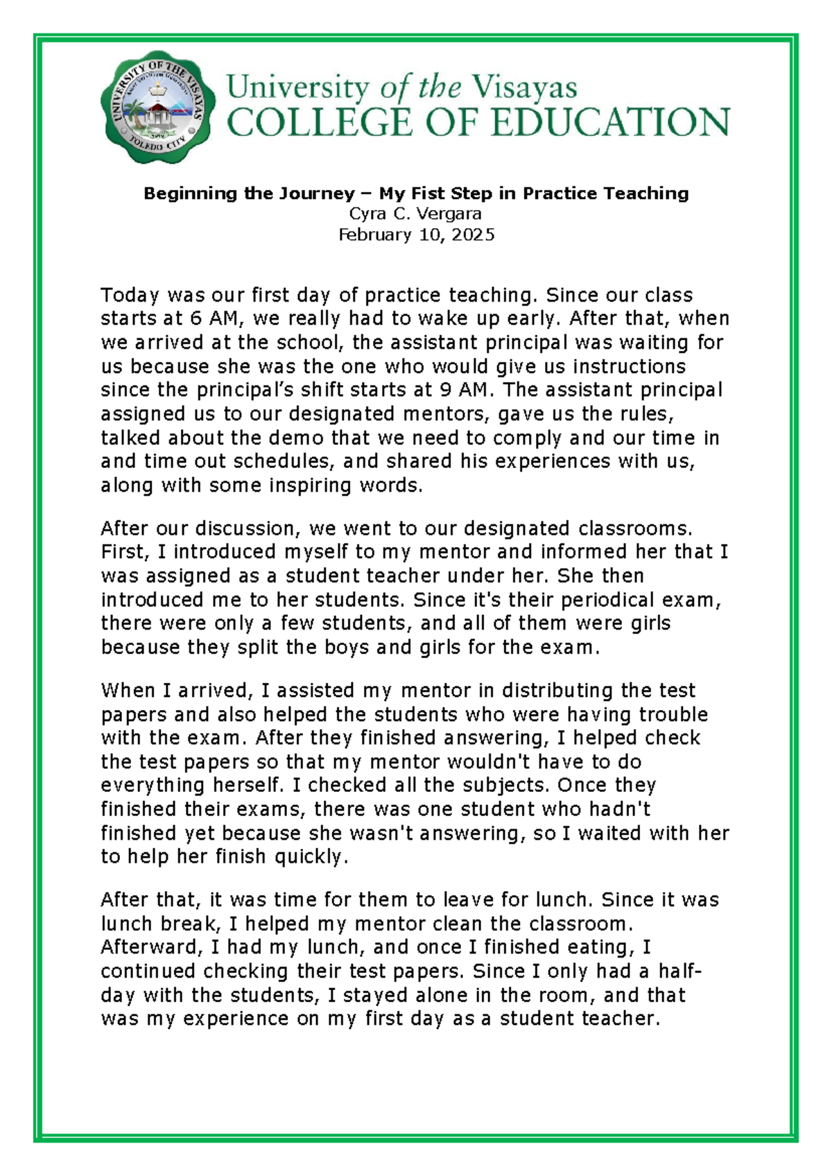 Vergara DJ1 - it is a daily journal during practice teaching ...