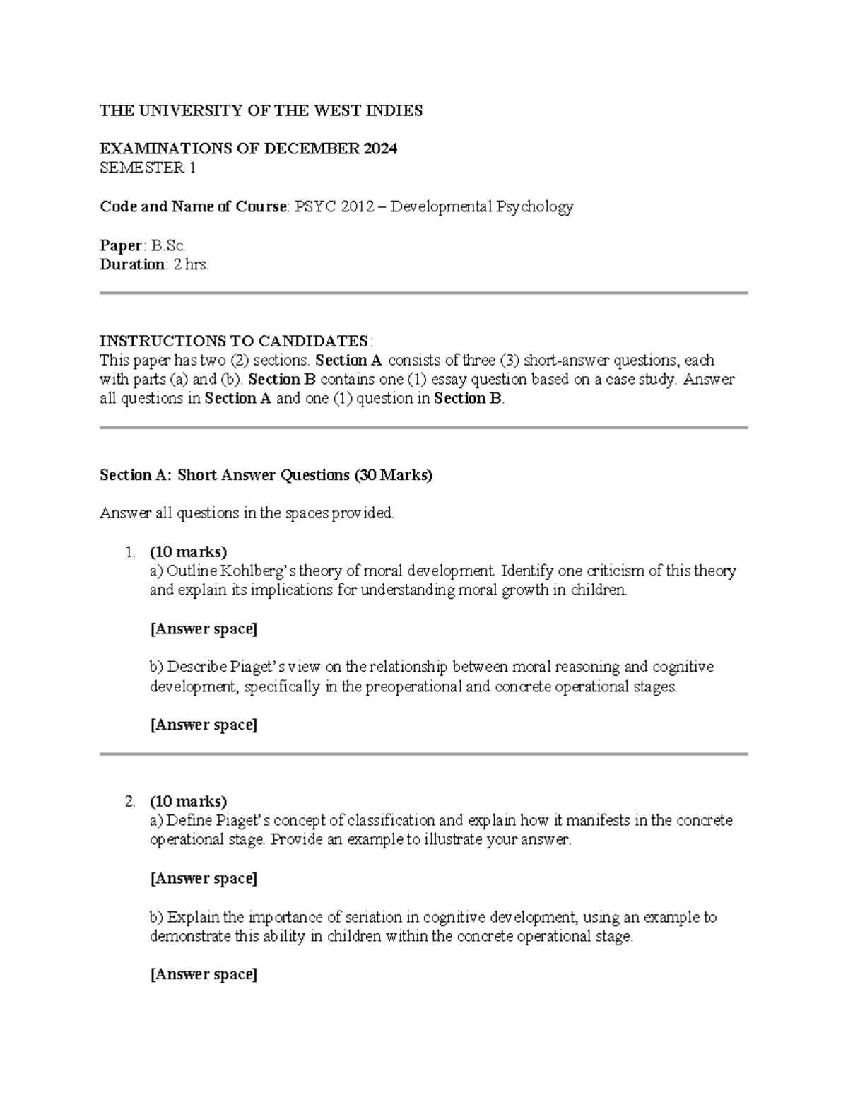 PSYC 2012 Mock Exam 2 - Practice for Developmental Psychology - Studocu
