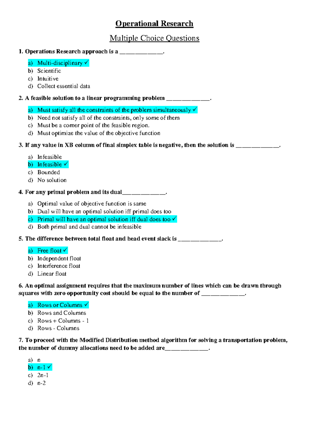 Operational Research MCQs - Comprehensive Review for Exams - Studocu