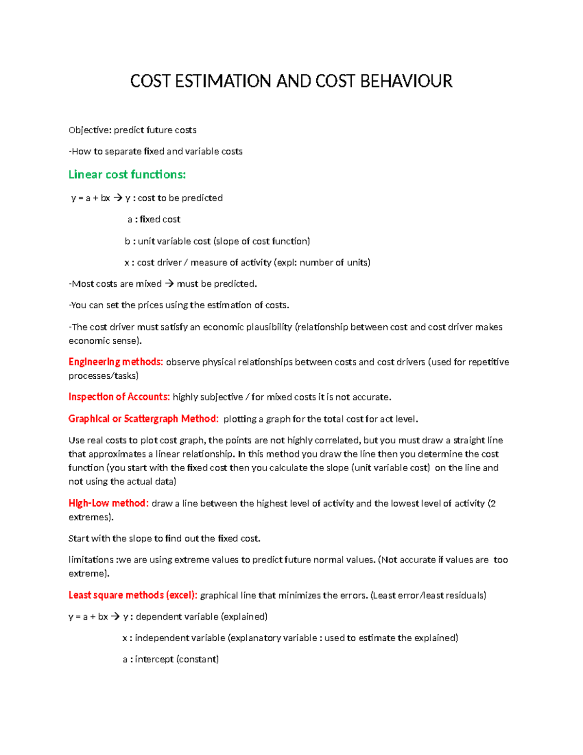 ADV Managerial ACCT - notes - COST ESTIMATION AND COST BEHAVIOUR ...