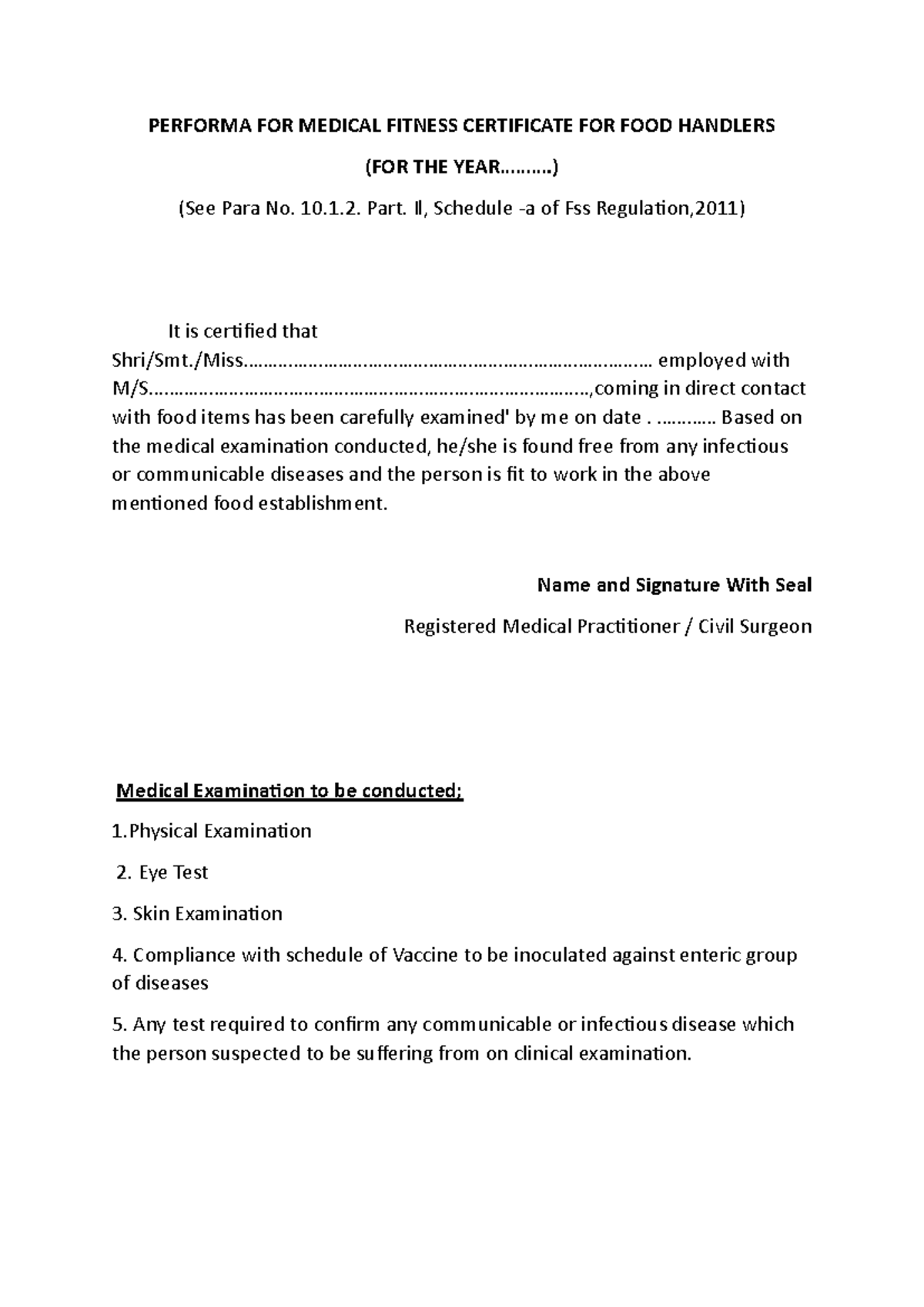Medical Fitness Certificate Performa for Food Handlers 2023 - Studocu