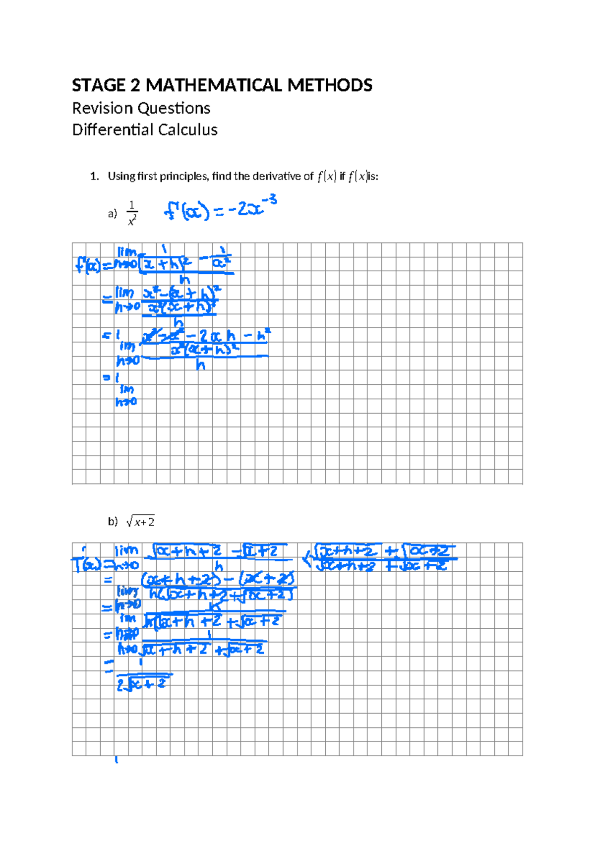 STAGE 2 MATHEMATICAL METHODS Revision Questions on Differential ...