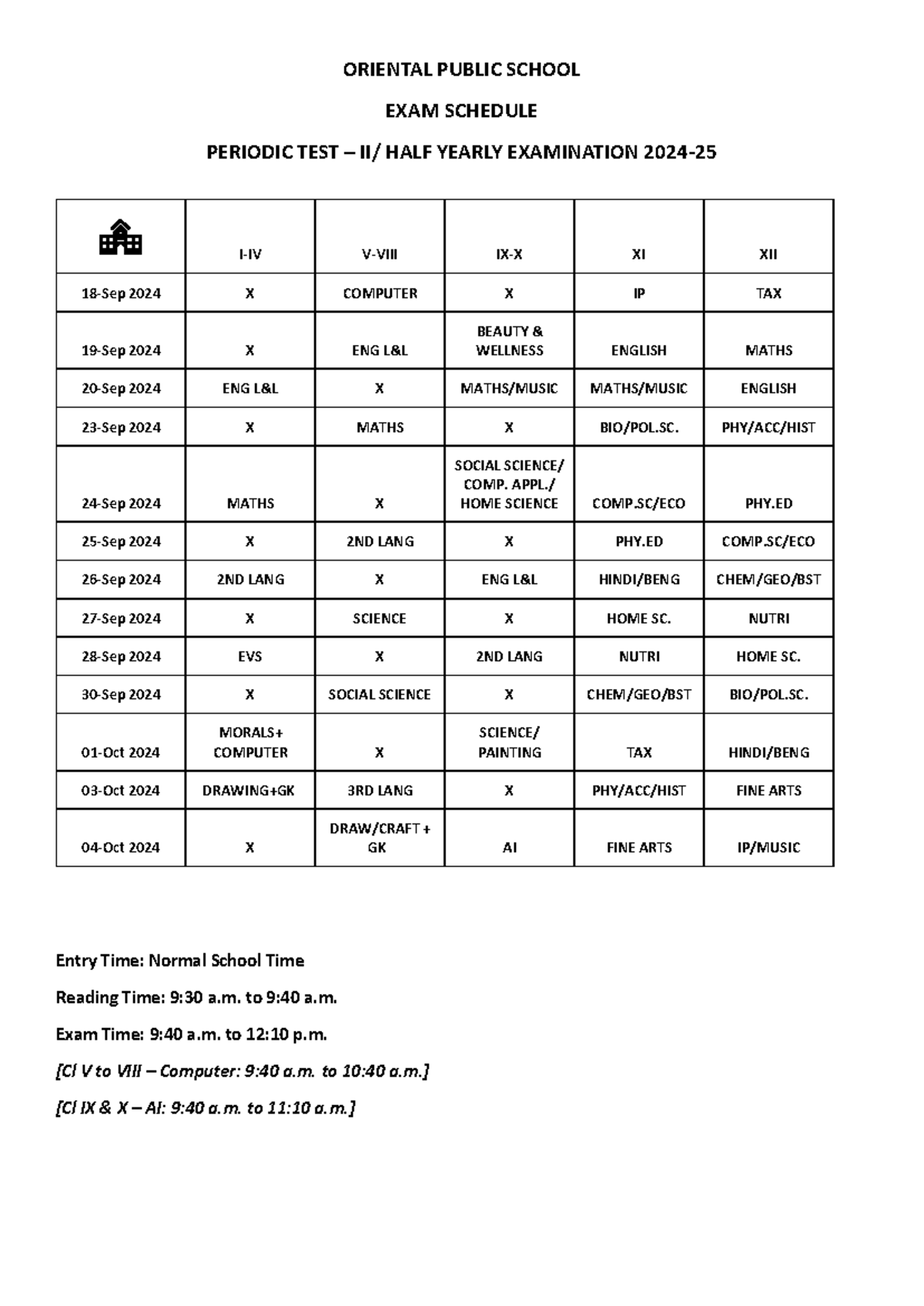 Examination Schedule for Periodic Test II - Oriental Public School 2024 ...