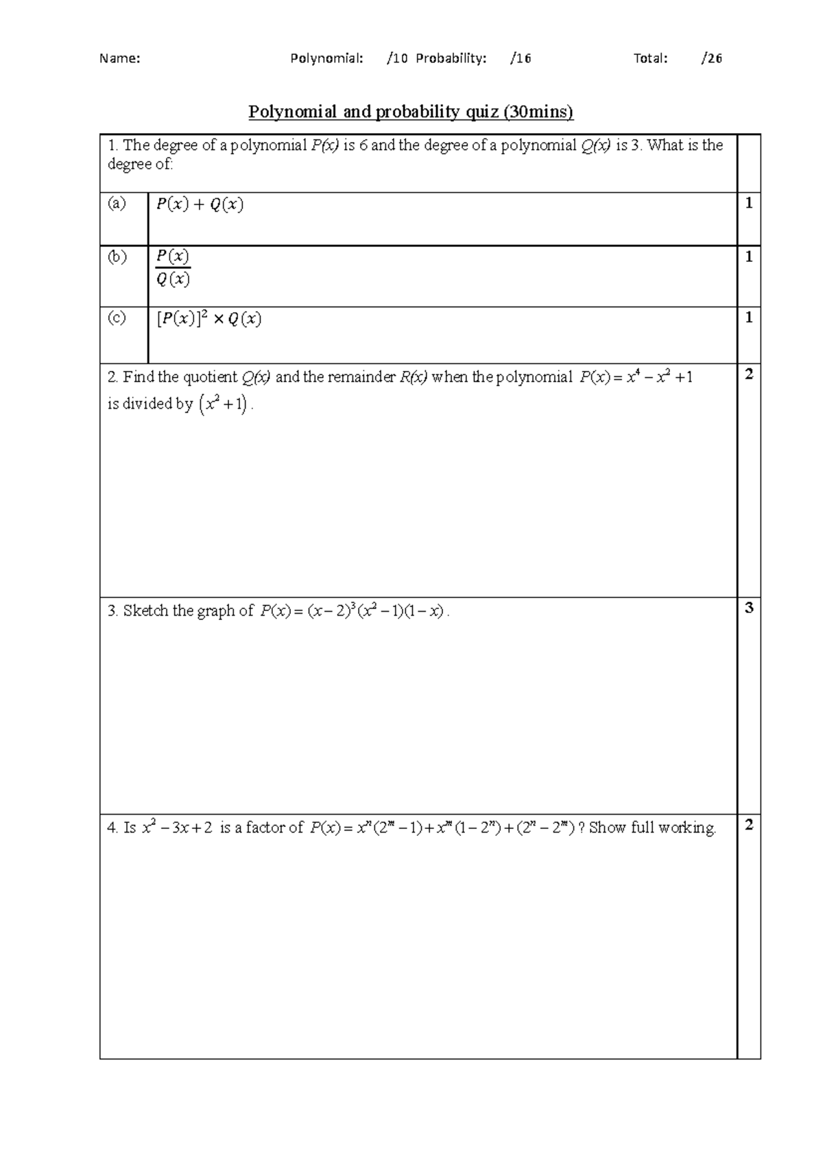 Polynomial and Probability Quiz (30 mins) - Studocu