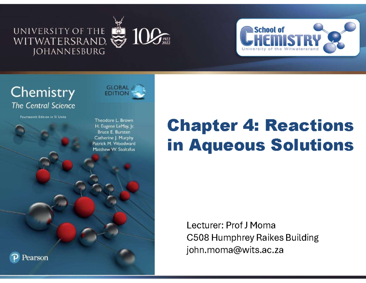 CHEM1051A 2025 Chapter 4: Aqueous Solutions & Reactions Notes - Studocu
