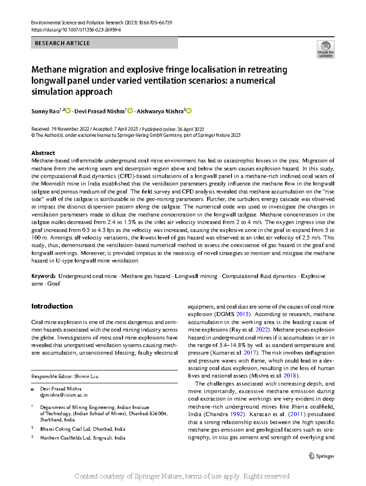 Numerical Simulation of Methane Migration in Longwall Panel (ESPR 2023 ...