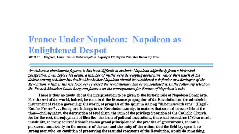 France Under Napoleon: The Enlightened Despot Examined (HIST 201) - Studocu