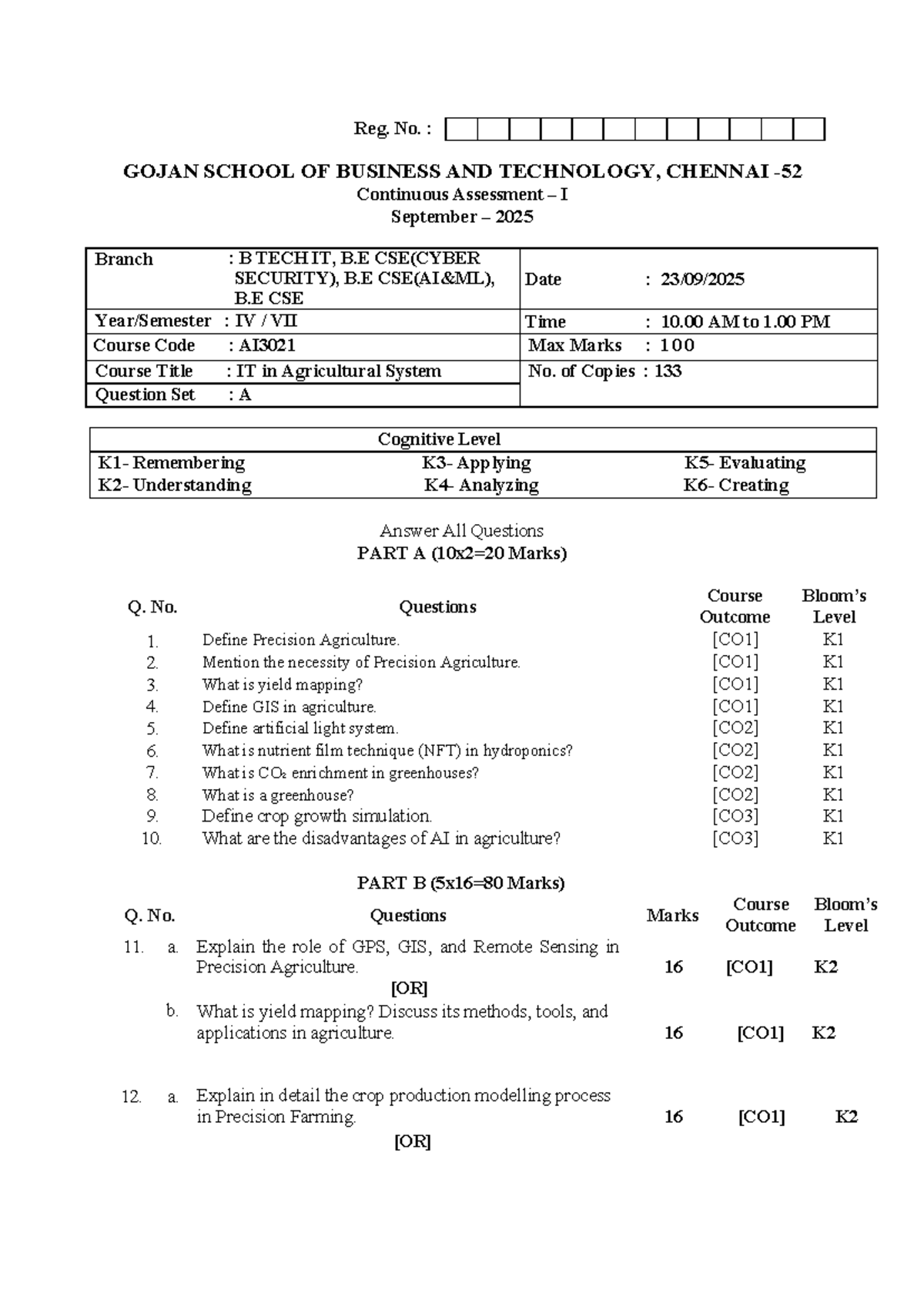CIA Test 1 Set (A) Questions - AI3021: IT in Agricultural System - Studocu