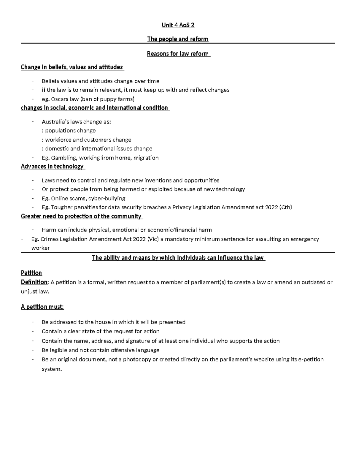 Legal Unit 4 AoS 2 - Summary Notes on Law Reform and Community ...