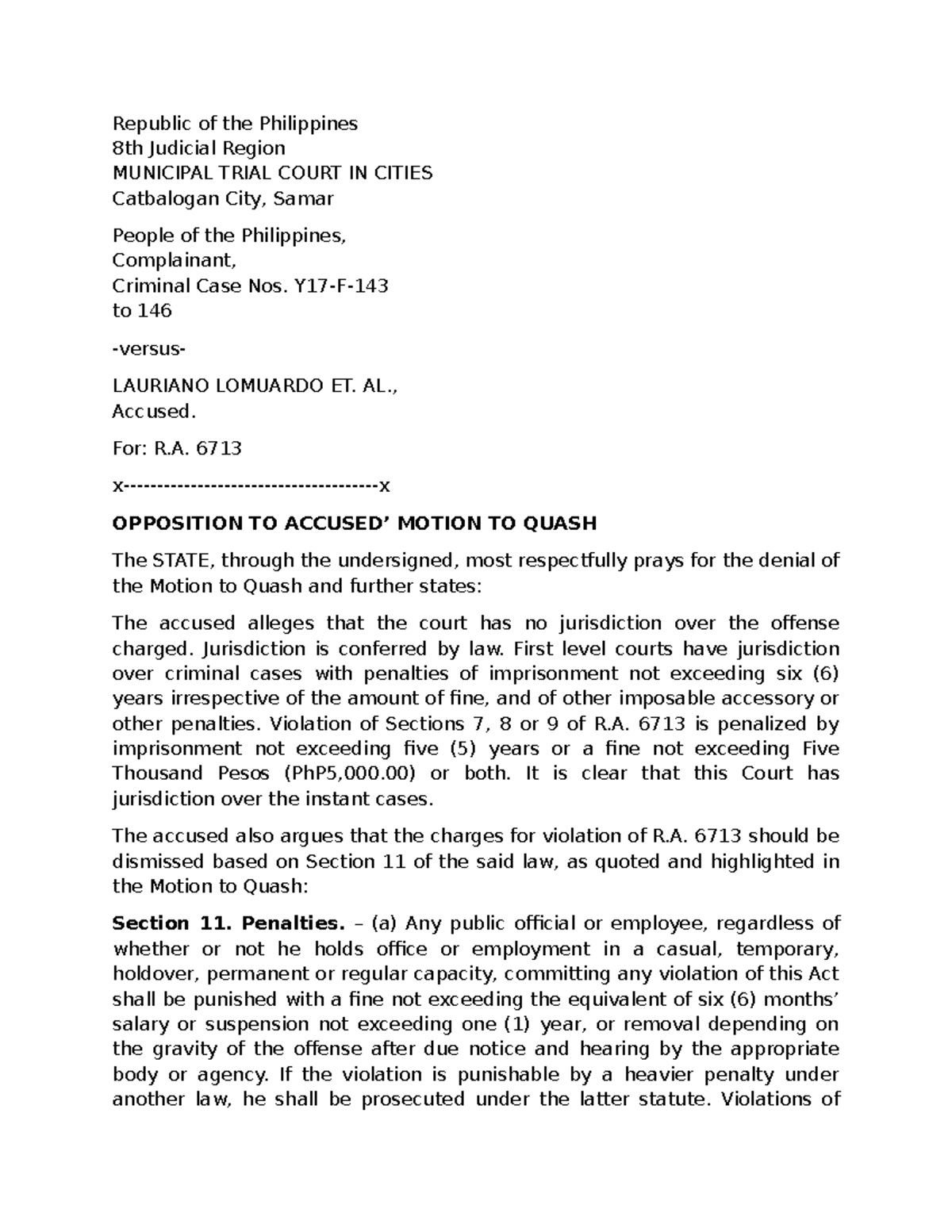 Opposition to Motion to Quash - Criminal Case No. 146 R.A. 6713 - Studocu