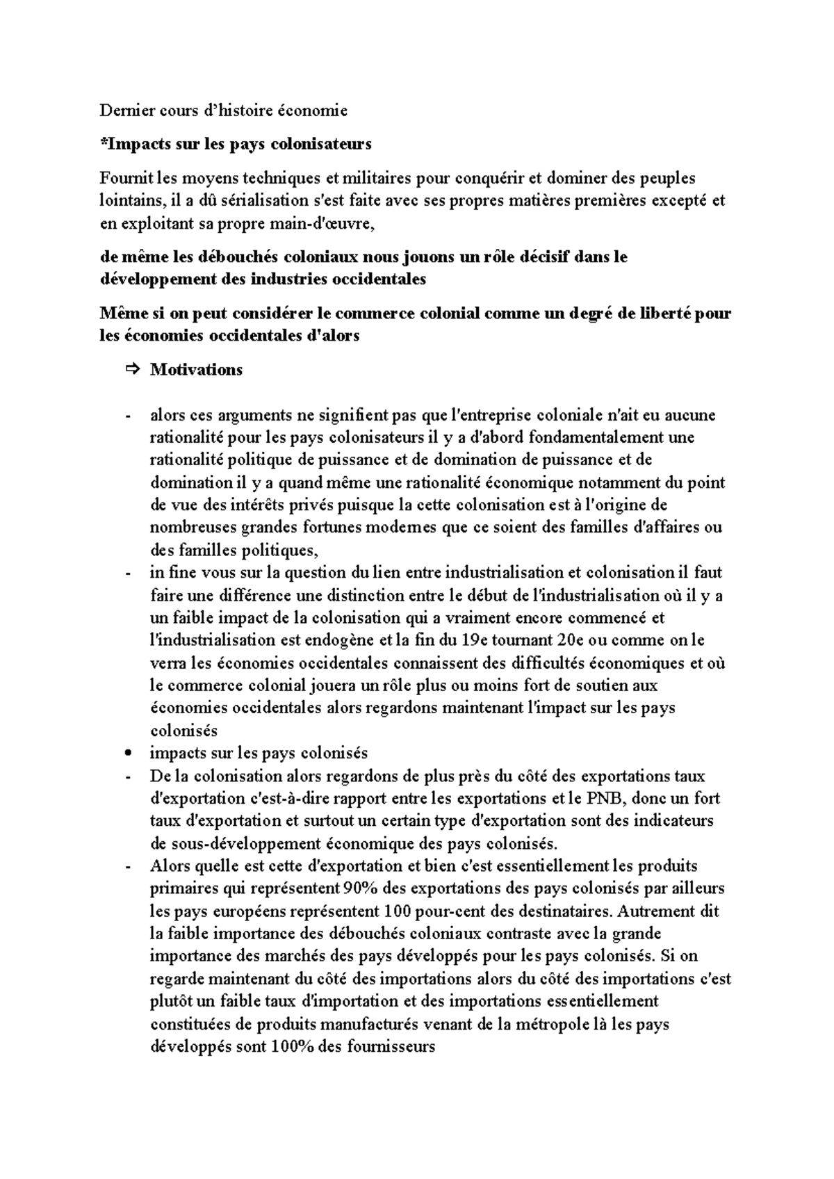 Histoire Économique : Cours sur la Colonisation et ses Impacts - Studocu