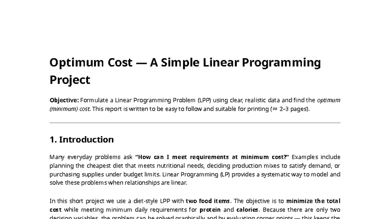 Optimum Cost LPP Project: Minimizing Food Expenses - Studocu