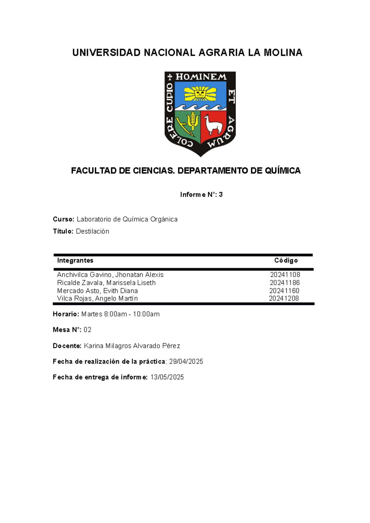 Informe 3: Destilación en Laboratorio de Química Orgánica (QO-2024) - Document Preview