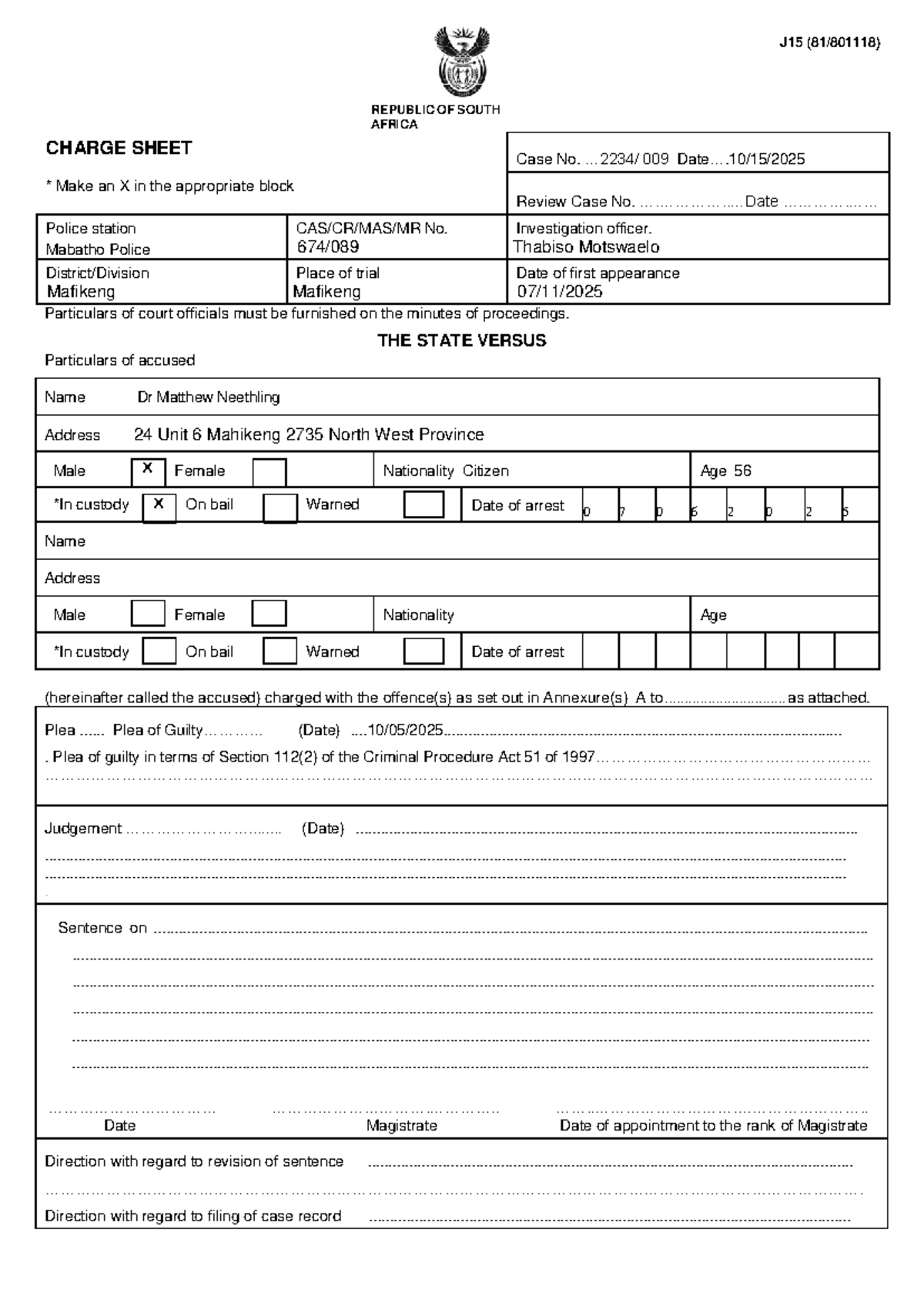 J15 Charge Sheet: The State vs. Dr. Matthew Neethling (Case No. 009 ...