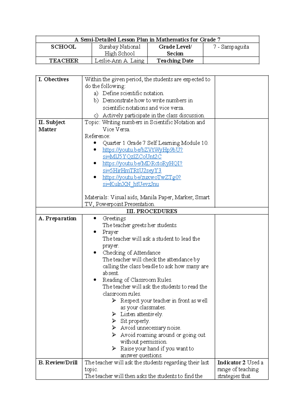 Grade 7 Math Lesson Plan: Writing Numbers in Scientific Notation - Studocu