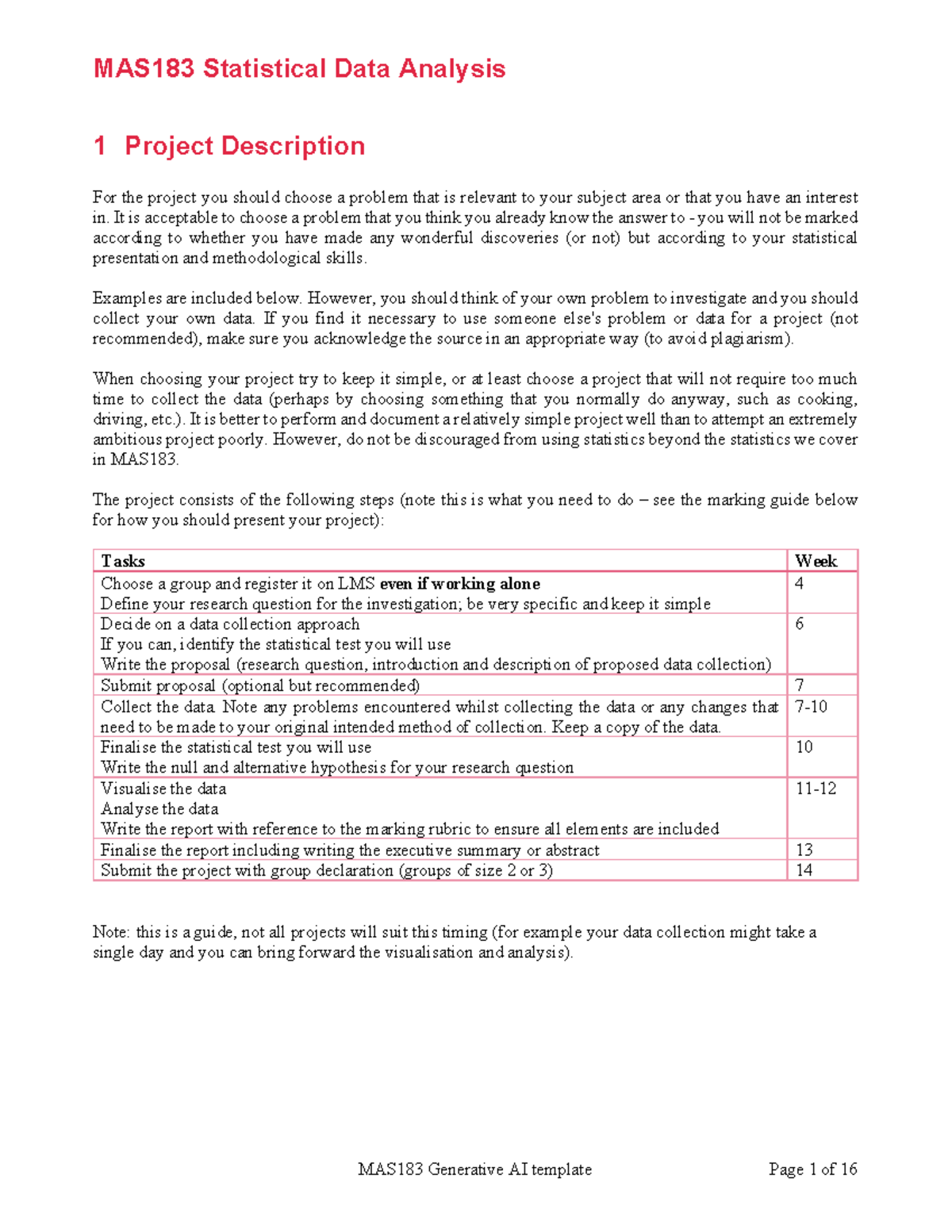 MAS183 Project Description: Statistical Data Analysis Guidelines - Studocu