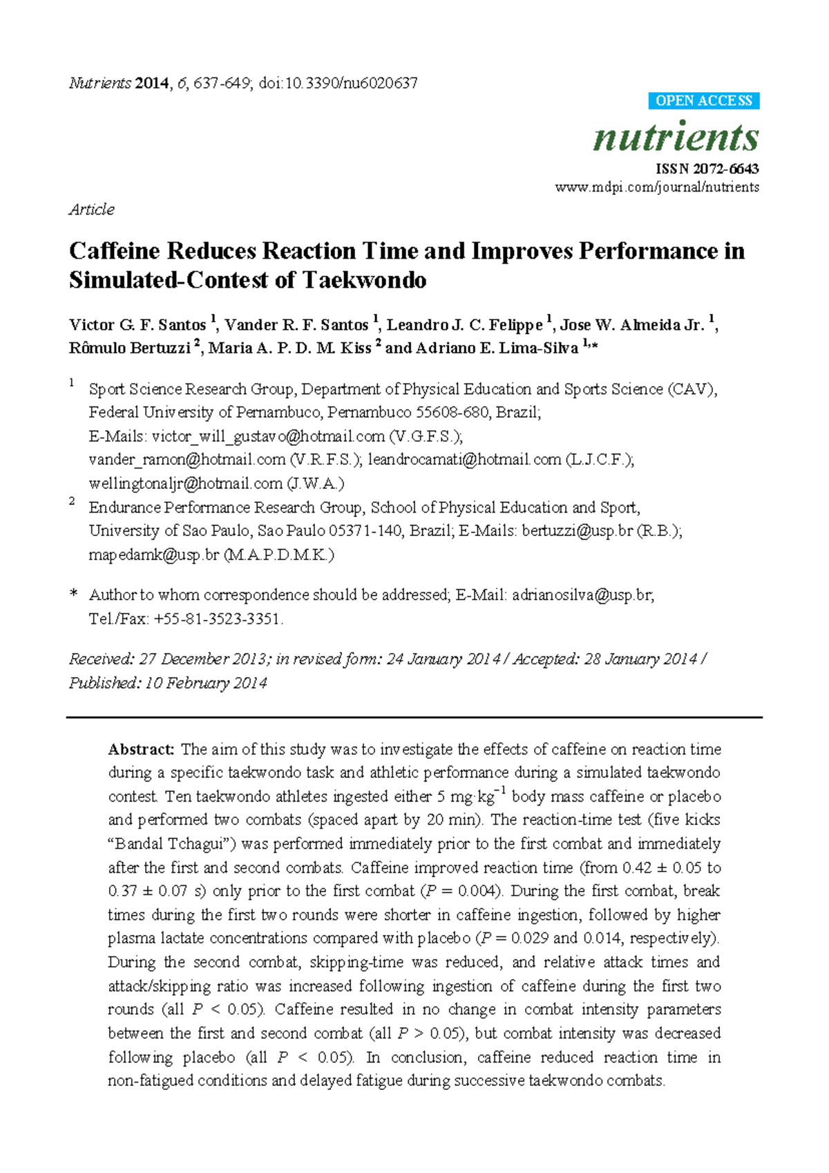 Caffeine's Effects on Reaction Time & Performance in Taekwondo (PE 101 ...
