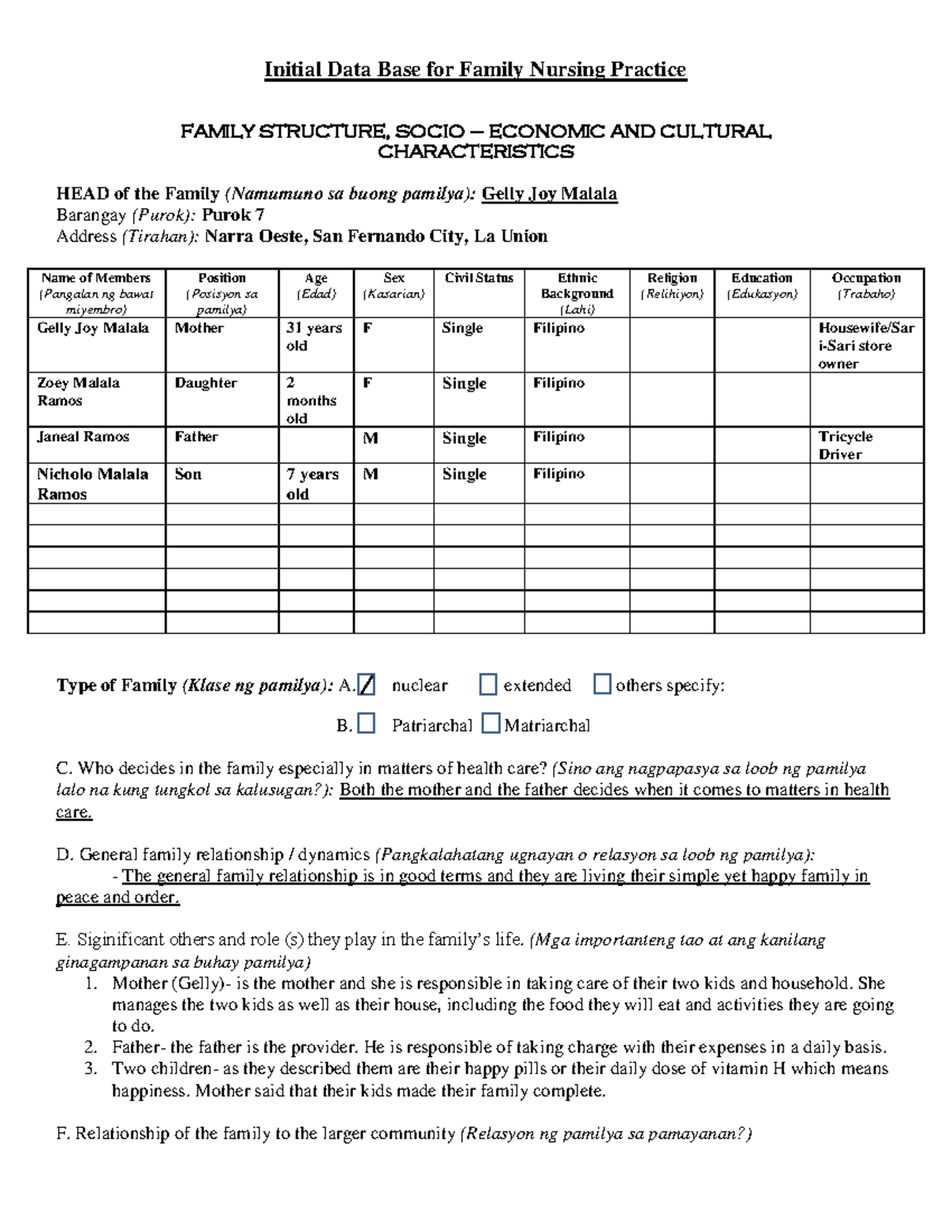 Patient 1 Initial Data for Family Nursing Practice: Comprehensive ...