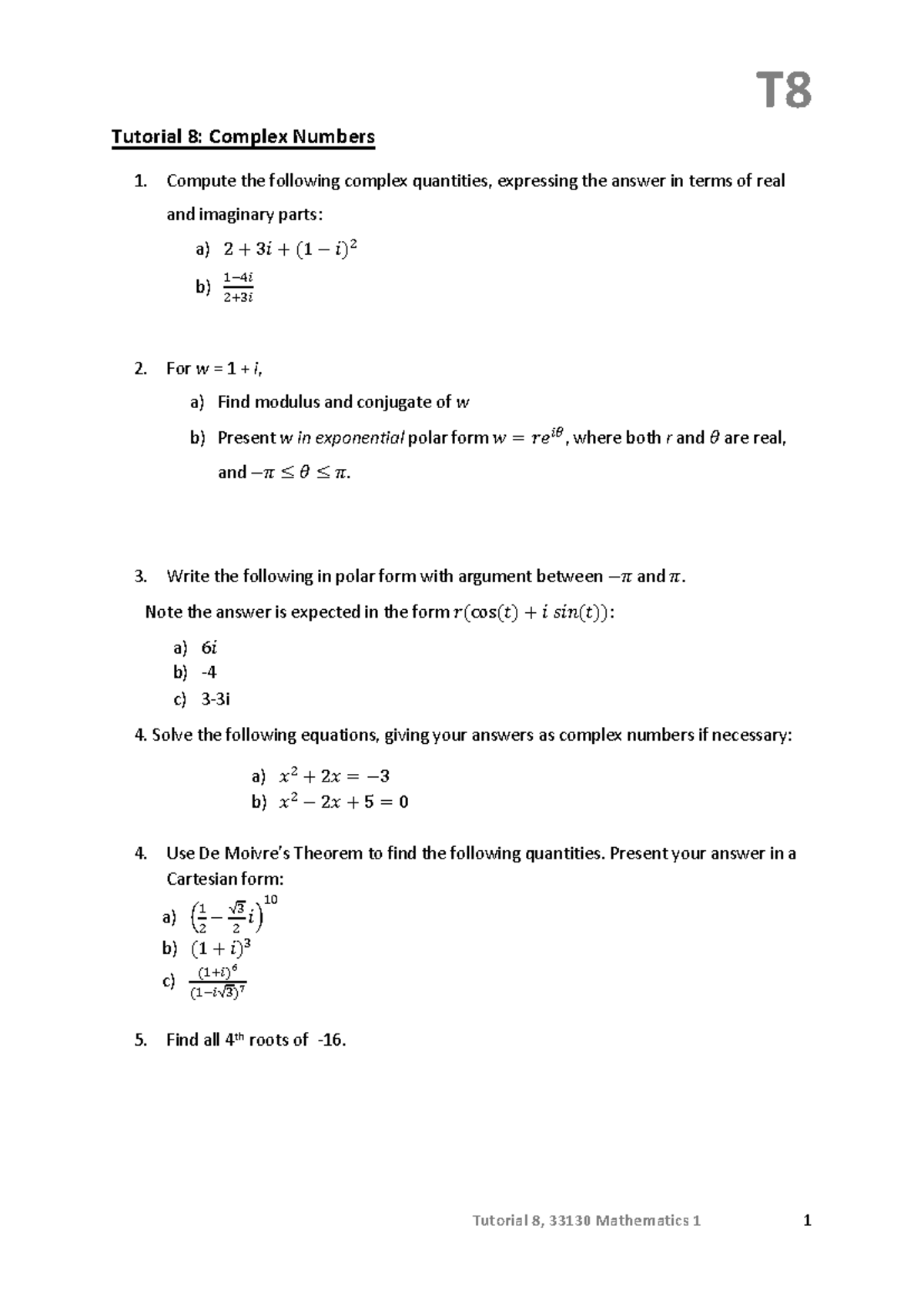 33130 T8 Tutorial 8: Complex Numbers and Their Properties - Studocu