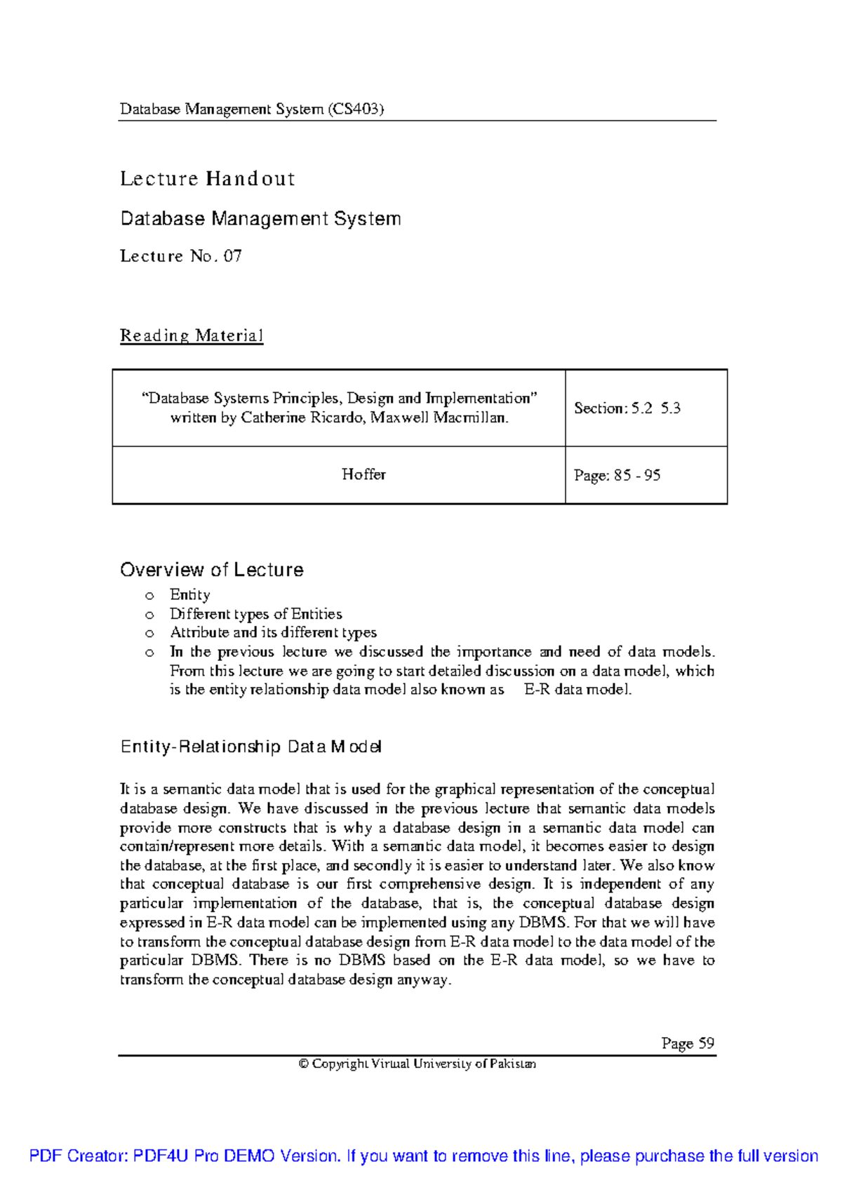 Database Management System (CS403) Lecture 07: Entities & Attributes ...