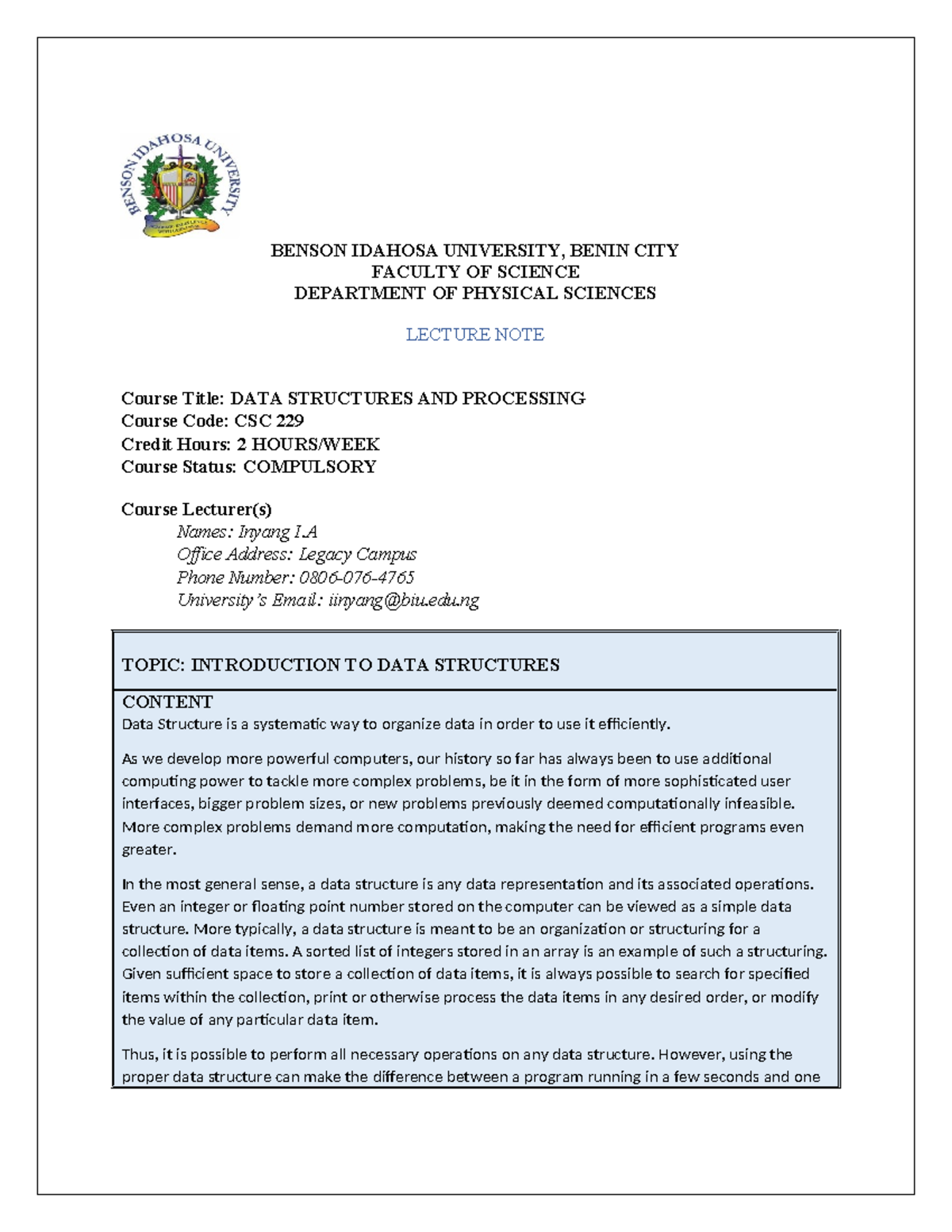 CSC 229 Lecture Notes: Introduction to Data Structures - Studocu