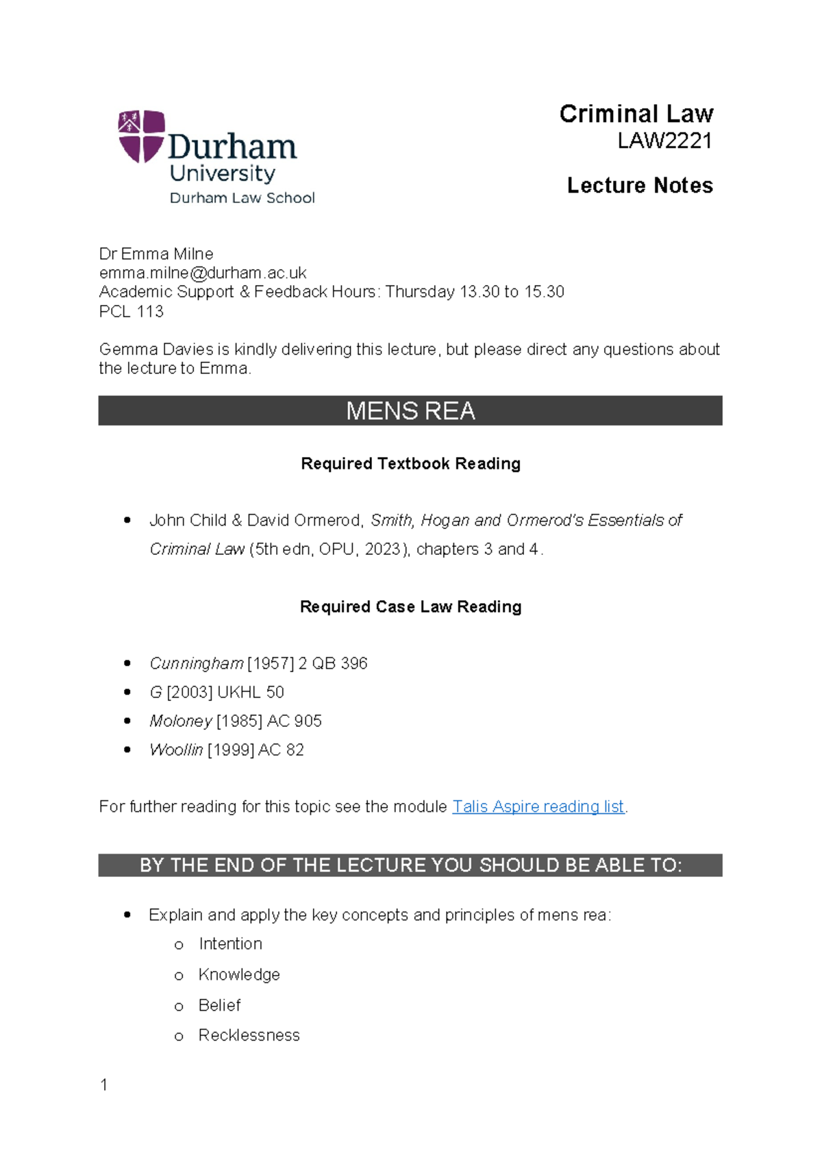 Criminal Law (CL101) Lecture Notes on Mens Rea Concepts - Studocu