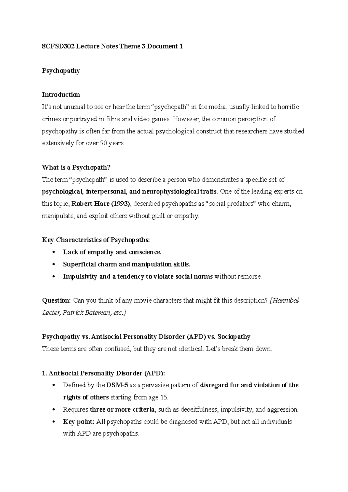 8CFSD302 Lecture Notes: Understanding Psychopathy and Its Traits - Studocu
