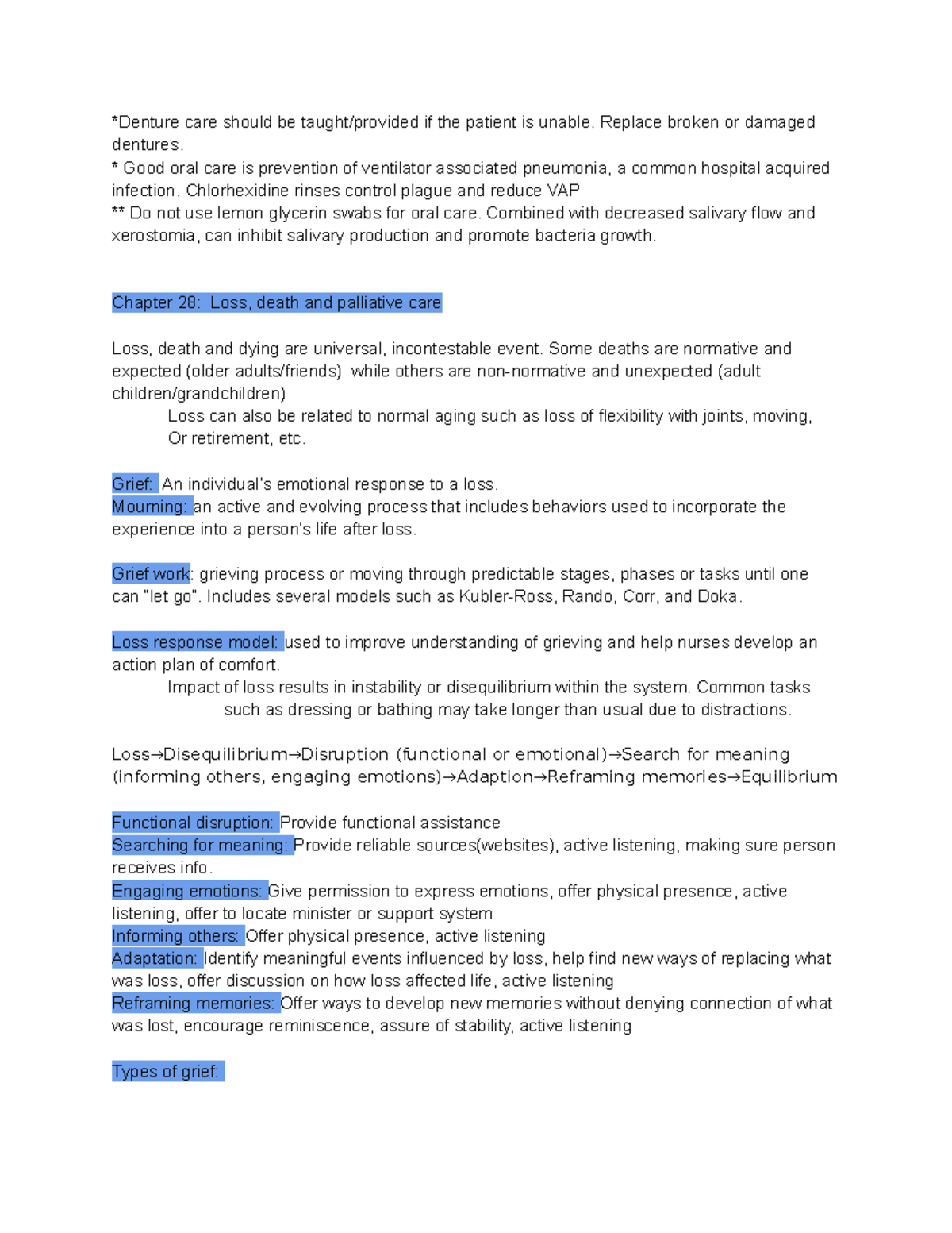 Geriatric Care Notes: Chapter 28 on Loss, Death, and Grief - Studocu