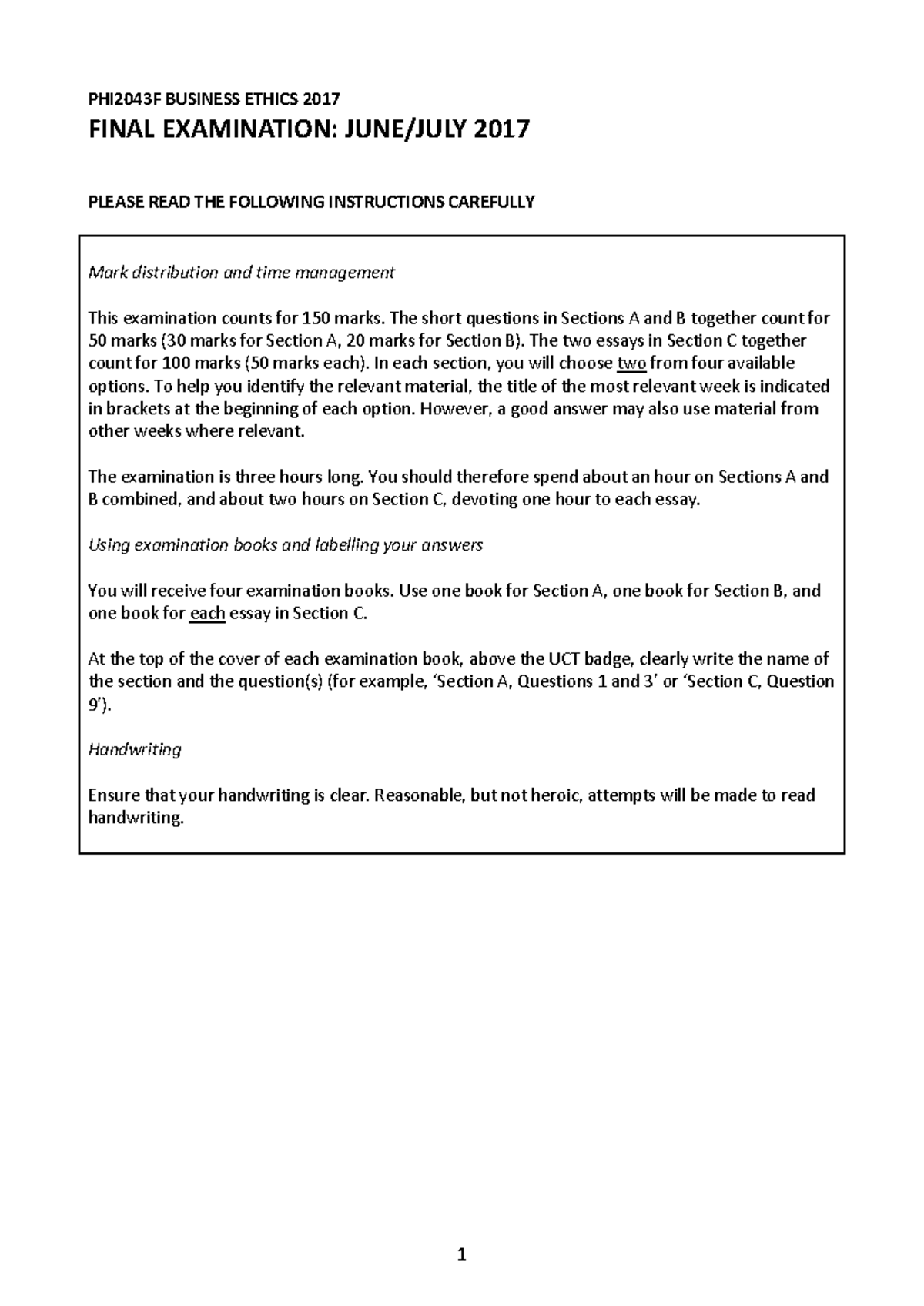PHI2043F Business Ethics Final Exam Questions: June/July 2017 - Studocu