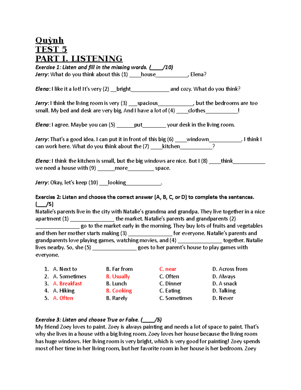 Test 5 Listening and Reading Exercises - English Course Code: dddd ...