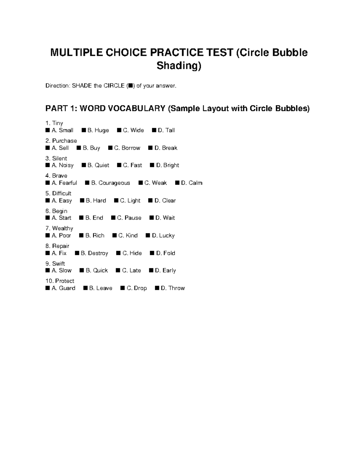 MULTIPLE CHOICE PRACTICE TEST (Vocabulary) - Studocu