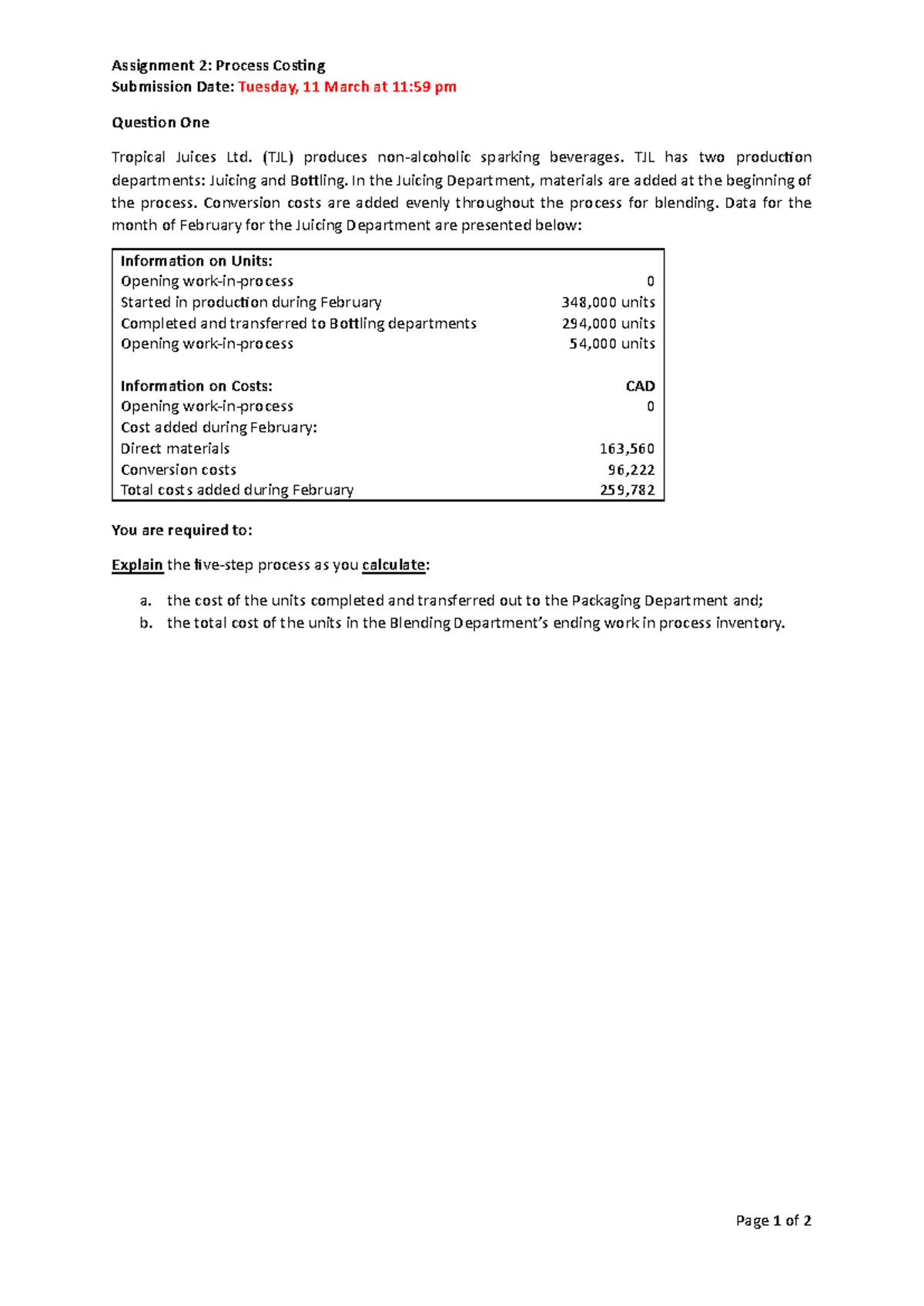Assignment 2 - Winter 25: Process Costing Analysis - Studocu