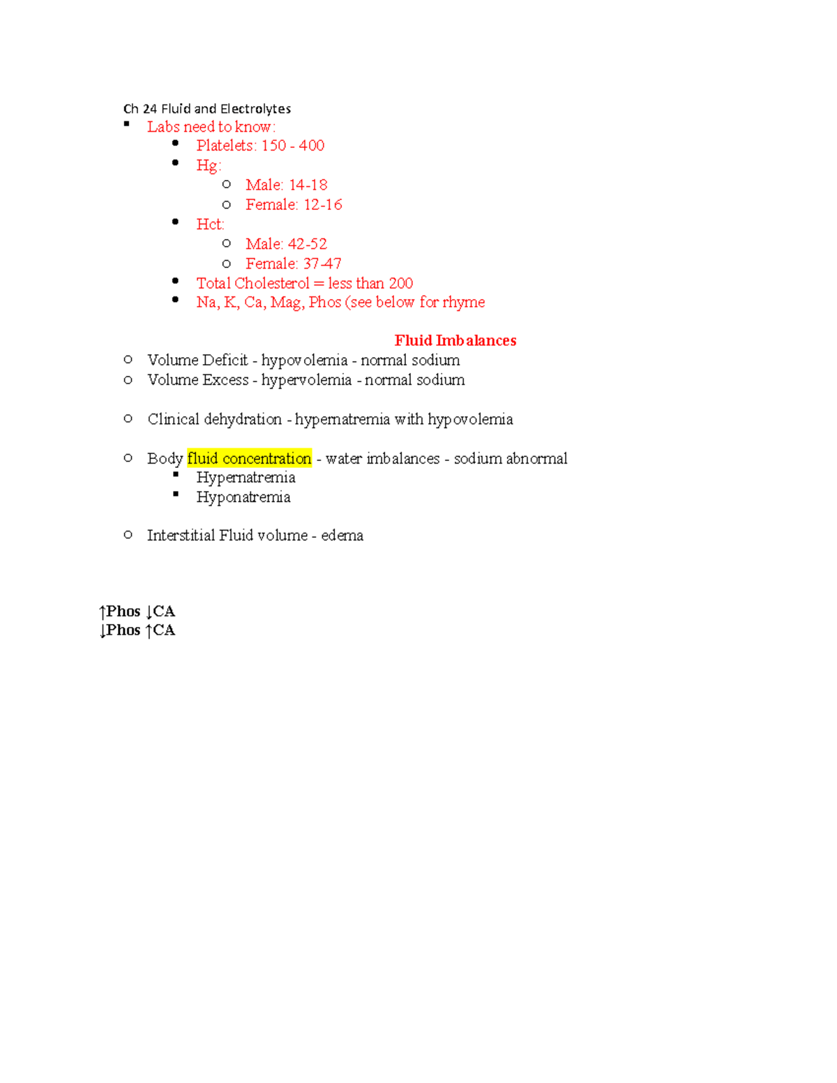 Ch 24 Fluid and Electrolytes - Ch 24 Fluid and Electrolytes Labs need ...