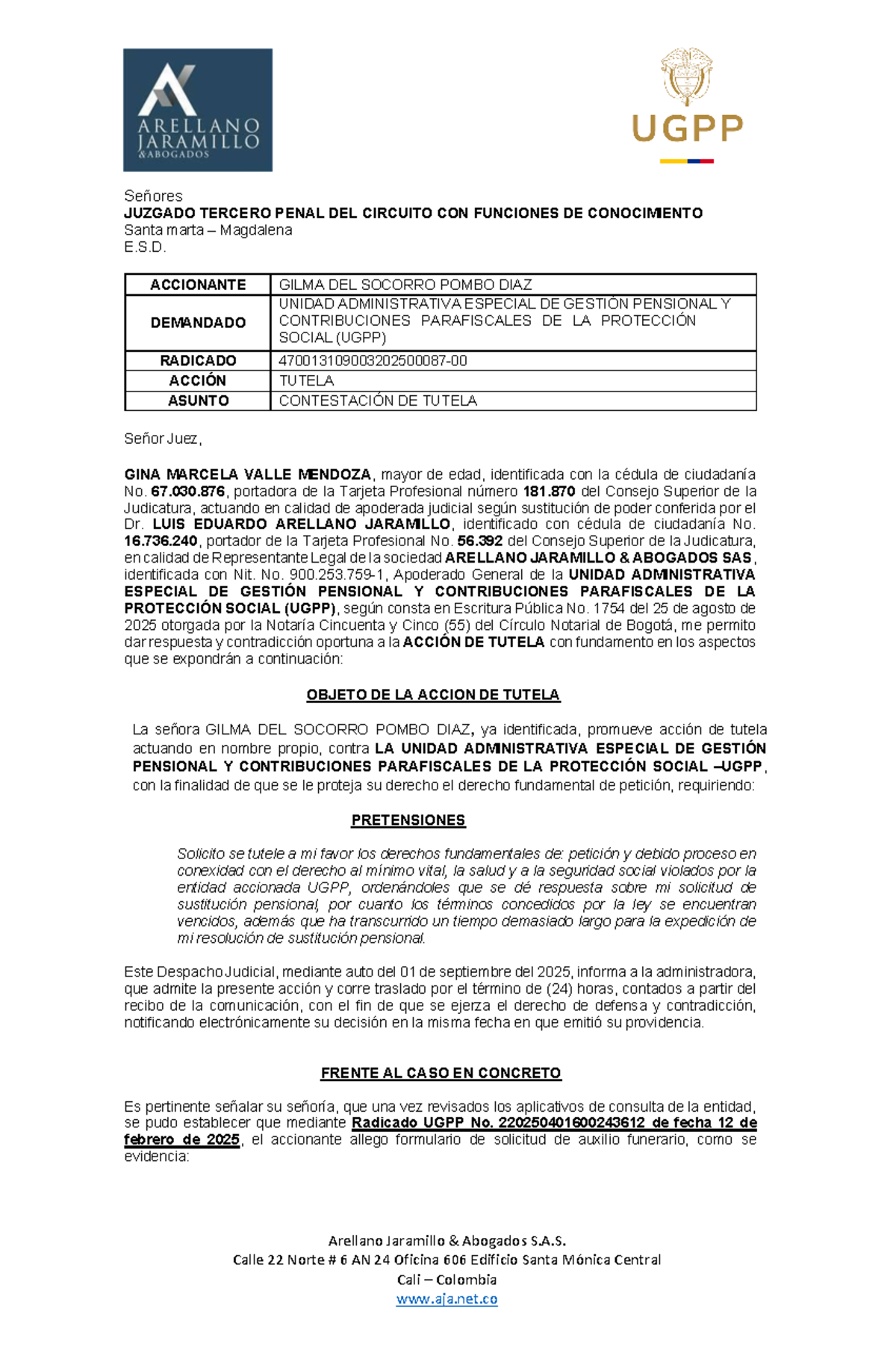 Contestación de Tutela - Gilma del Socorro Pombo Díaz (2025) - Studocu