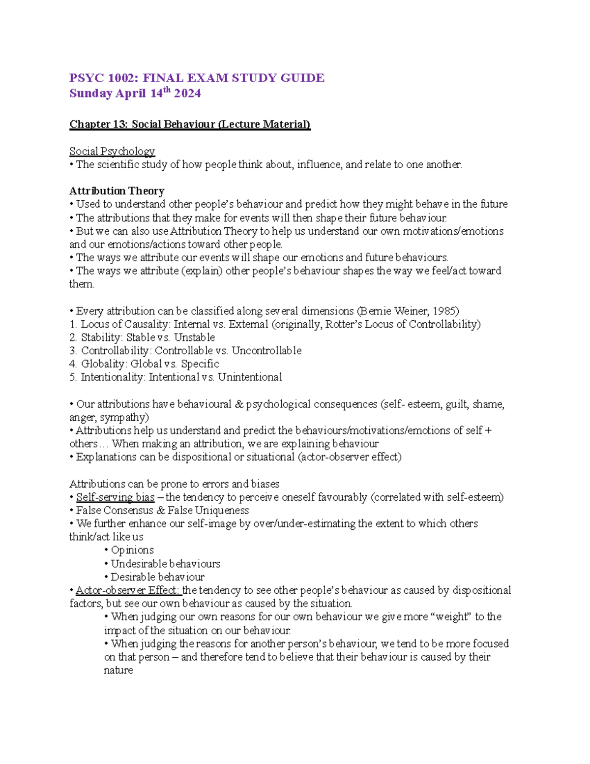 PSYC1002 - Final Exam Study Guide: Key Concepts in Social Psychology ...